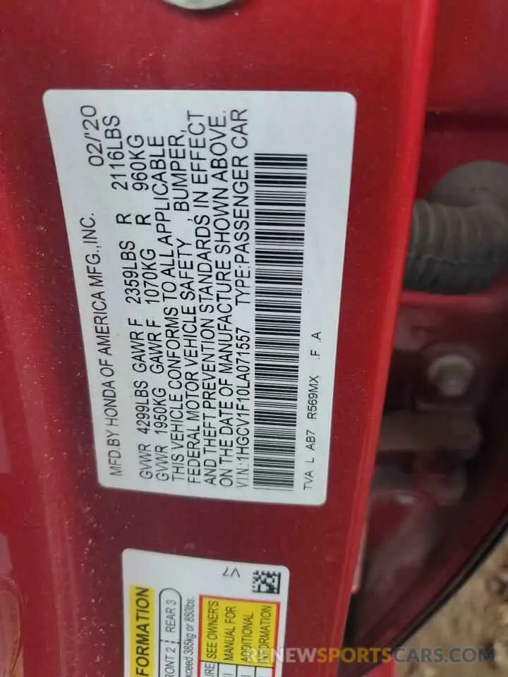 12 fotografías del automóvil dañado 1HGCV1F10LA071557 HONDA ACCORD 2020