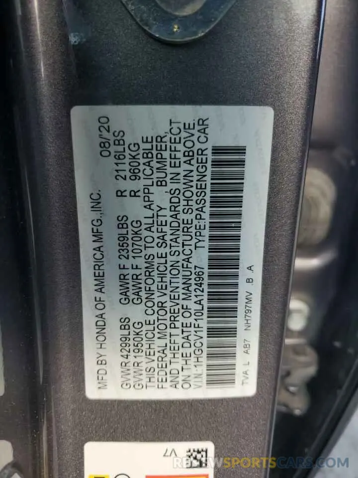 12 fotografías del automóvil dañado 1HGCV1F10LA124967 HONDA ACCORD 2020