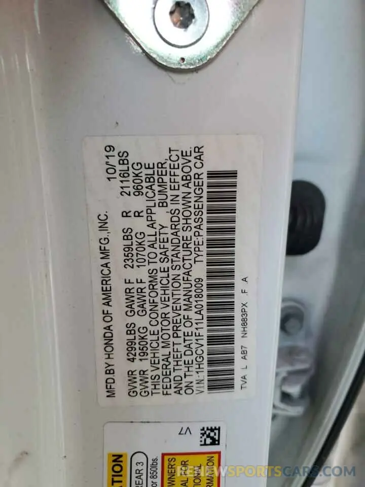 14 fotografías del automóvil dañado 1HGCV1F11LA018009 HONDA ACCORD 2020
