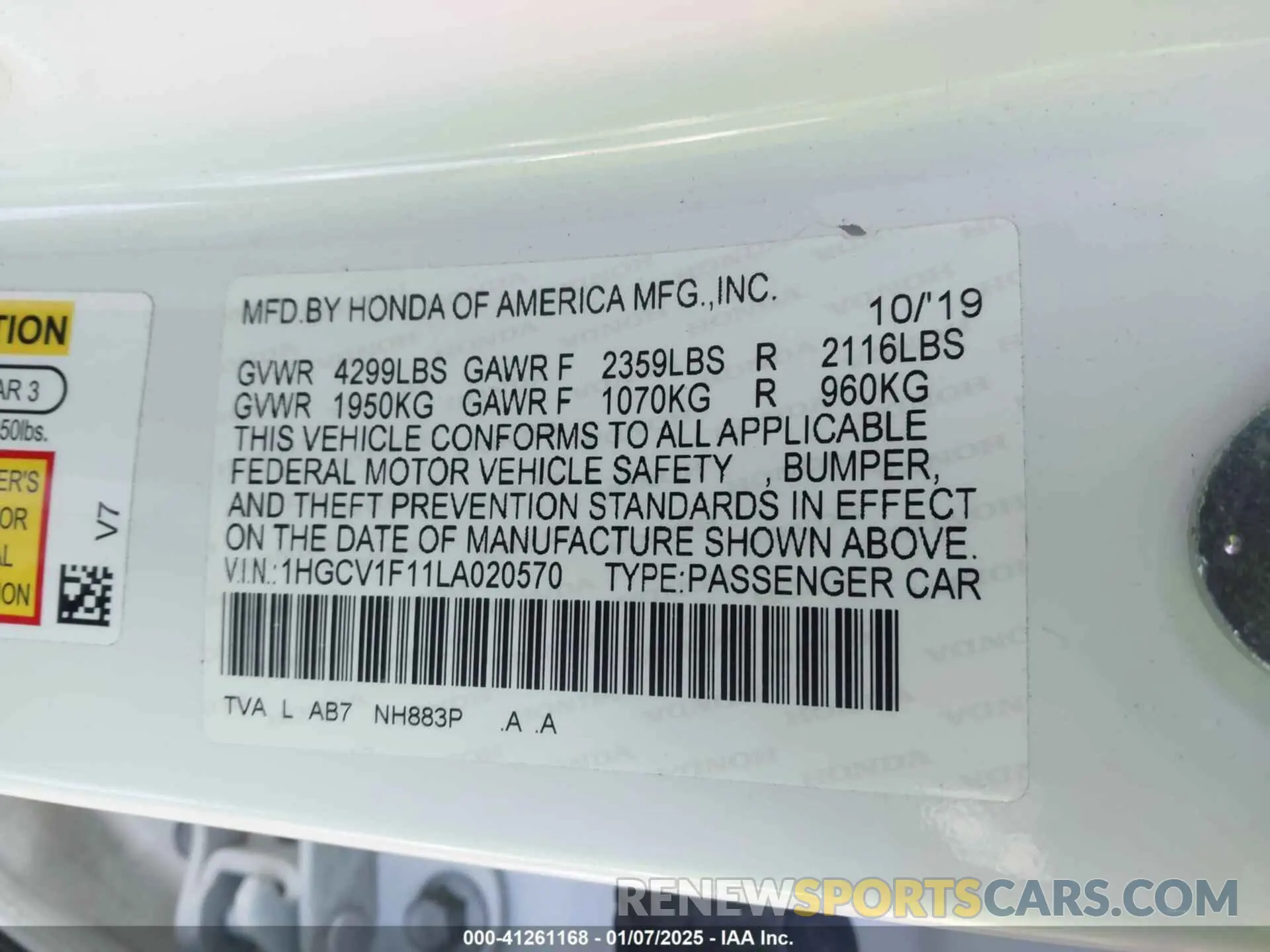 9 fotografías del automóvil dañado 1HGCV1F11LA020570 HONDA ACCORD 2020