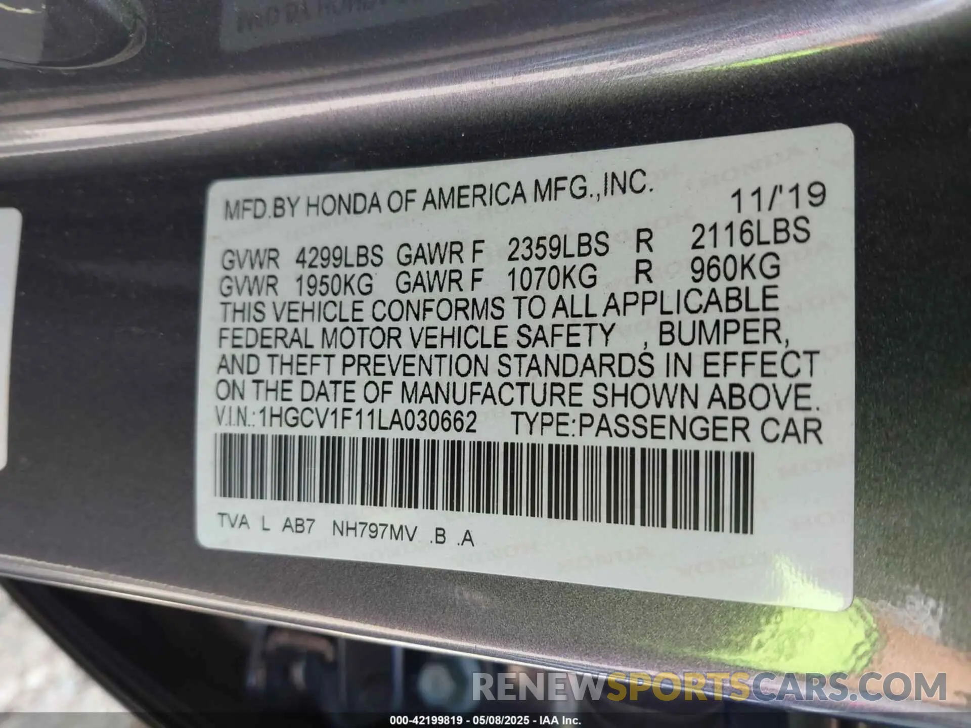 9 fotografías del automóvil dañado 1HGCV1F11LA030662 HONDA ACCORD 2020