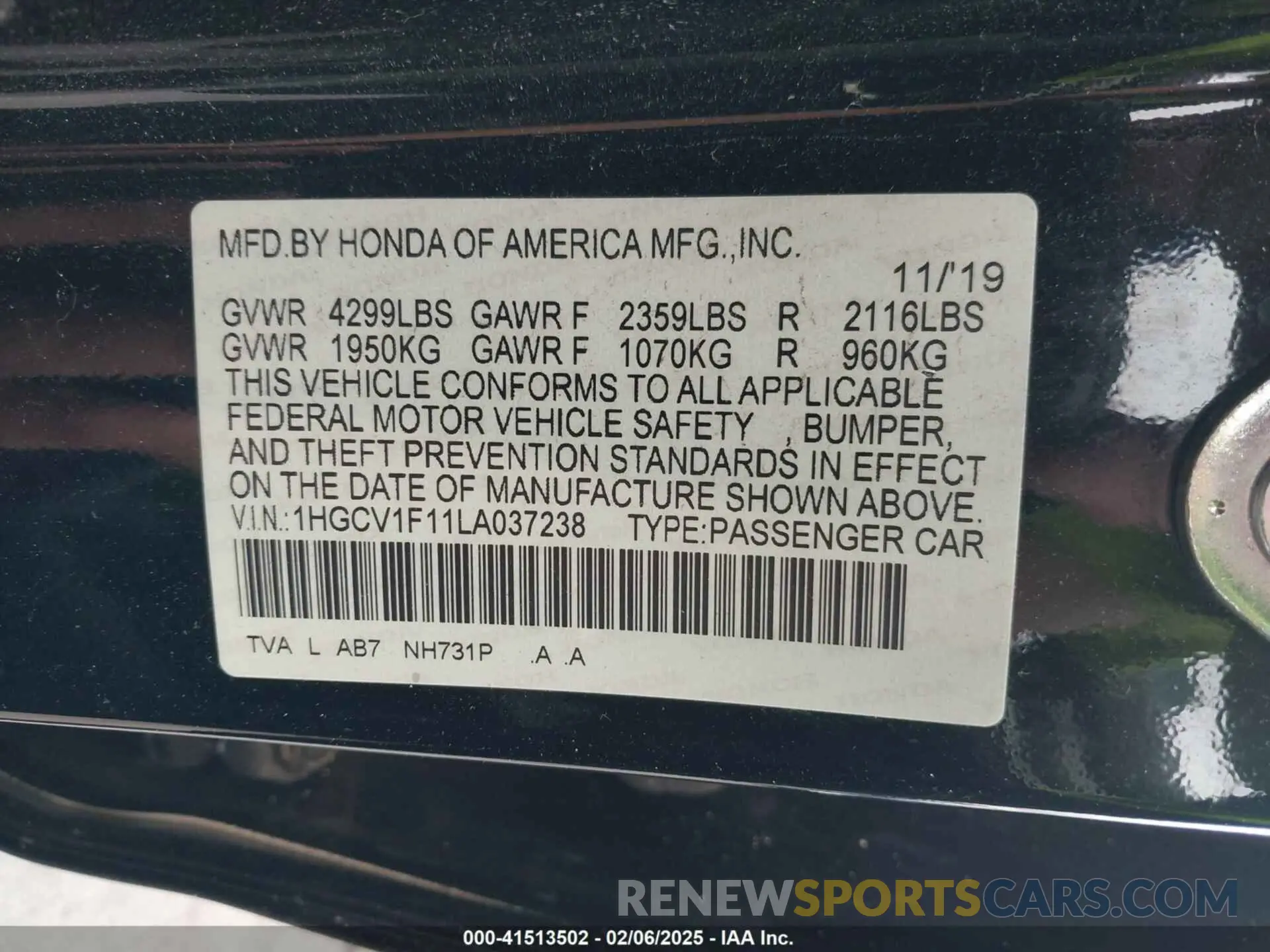 9 fotografías del automóvil dañado 1HGCV1F11LA037238 HONDA ACCORD 2020
