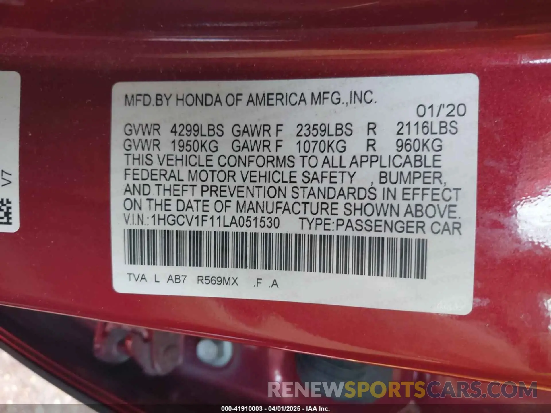 9 fotografías del automóvil dañado 1HGCV1F11LA051530 HONDA ACCORD 2020