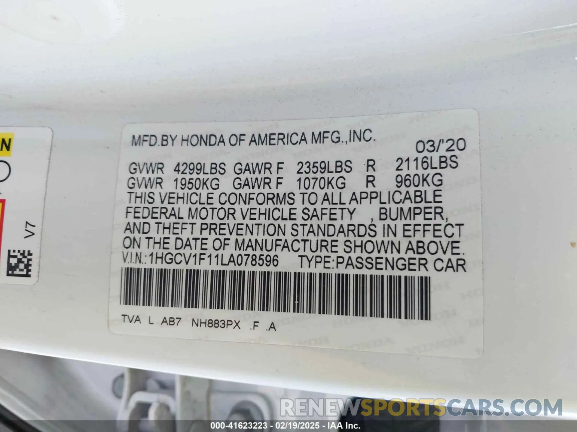 9 fotografías del automóvil dañado 1HGCV1F11LA078596 HONDA ACCORD 2020