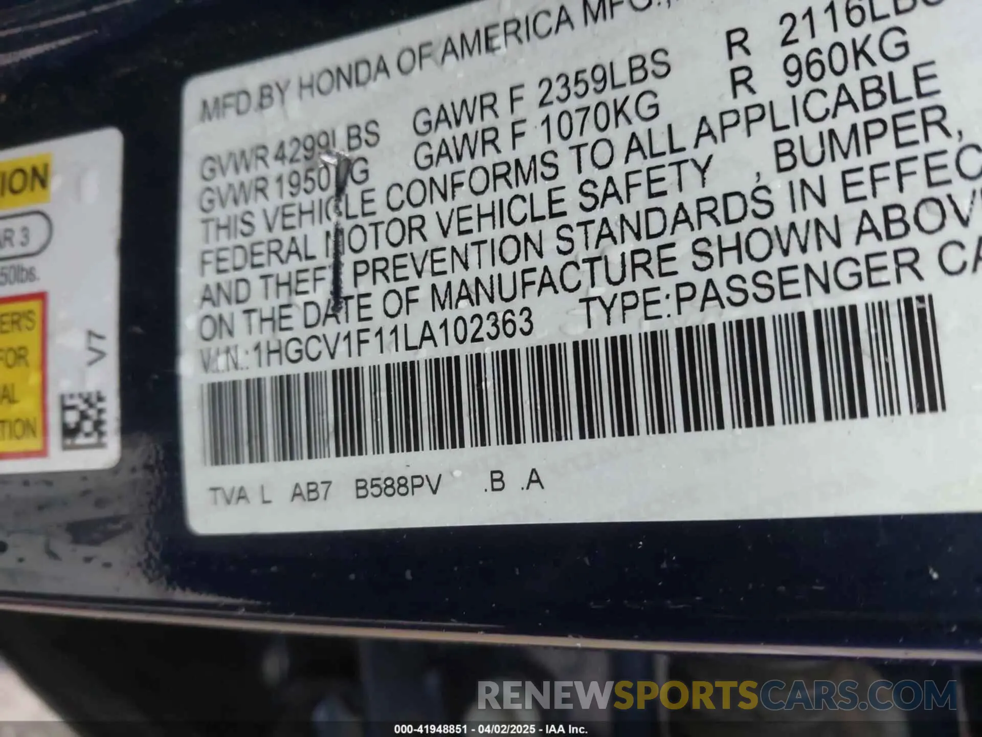 9 fotografías del automóvil dañado 1HGCV1F11LA102363 HONDA ACCORD 2020