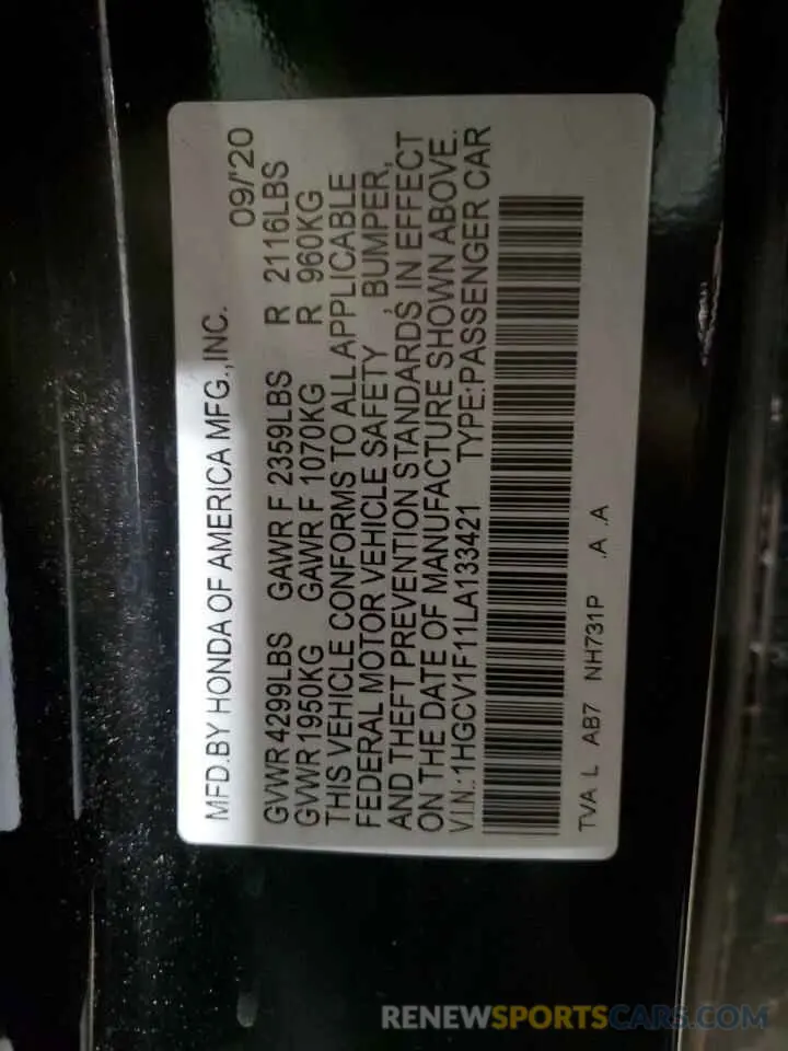 12 fotografías del automóvil dañado 1HGCV1F11LA133421 HONDA ACCORD 2020