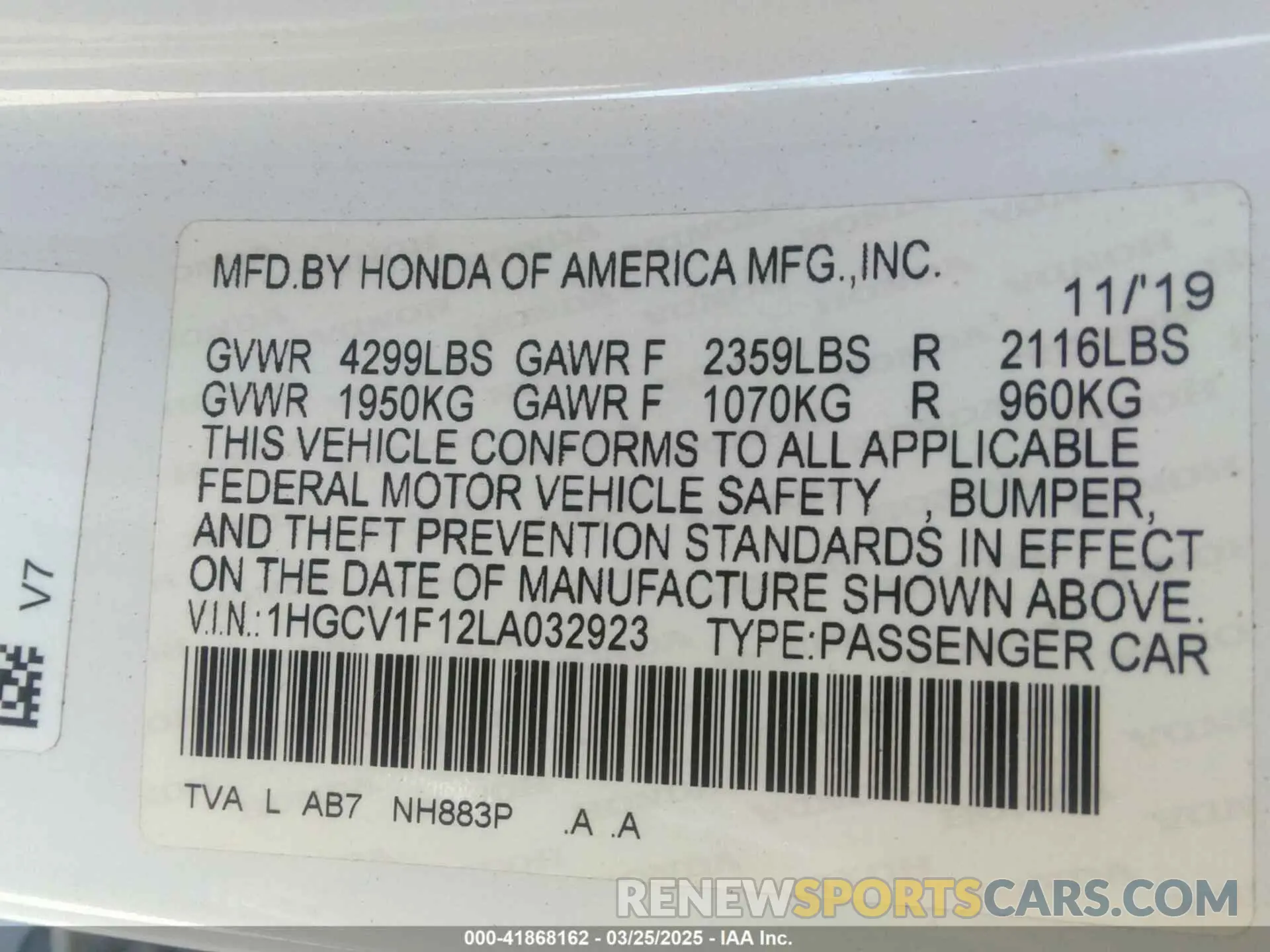 9 fotografías del automóvil dañado 1HGCV1F12LA032923 HONDA ACCORD 2020