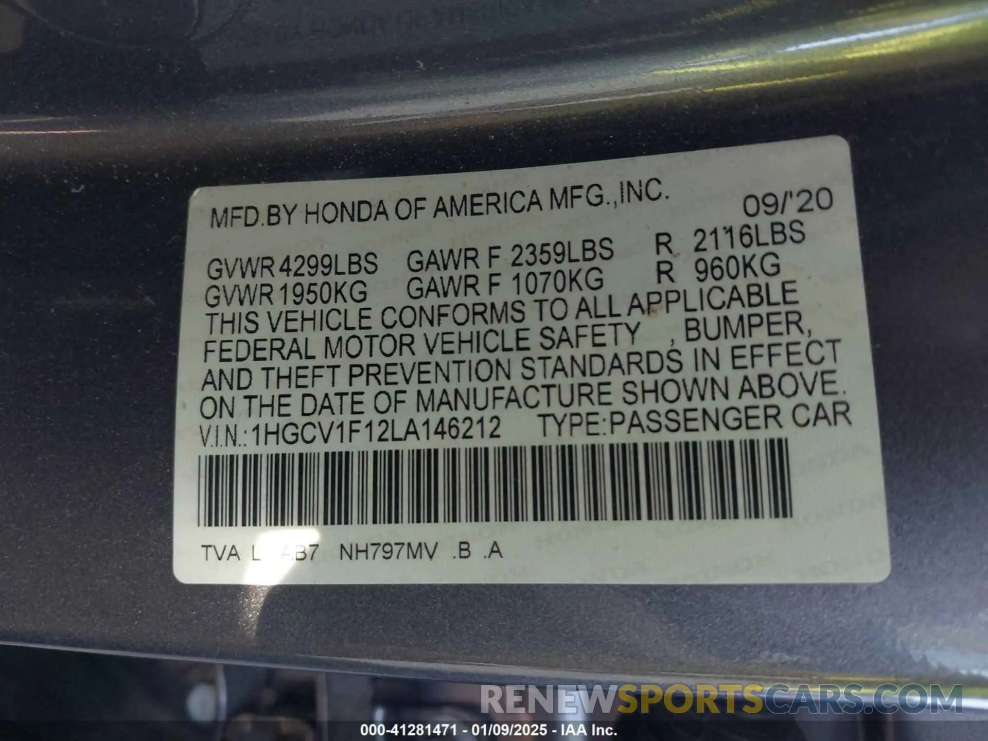 9 fotografías del automóvil dañado 1HGCV1F12LA146212 HONDA ACCORD 2020