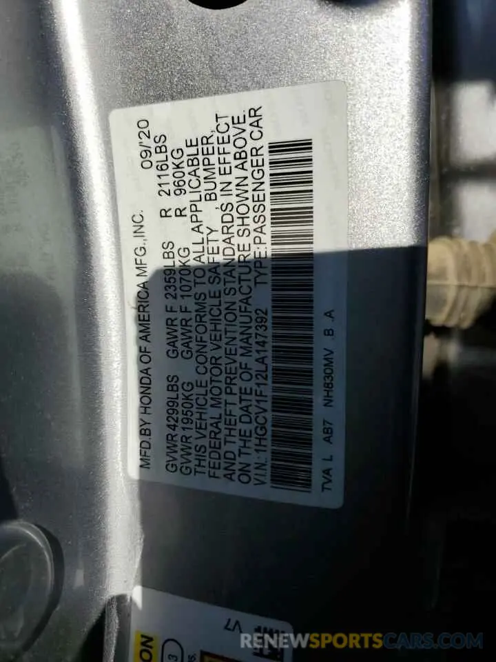13 fotografías del automóvil dañado 1HGCV1F12LA147392 HONDA ACCORD 2020