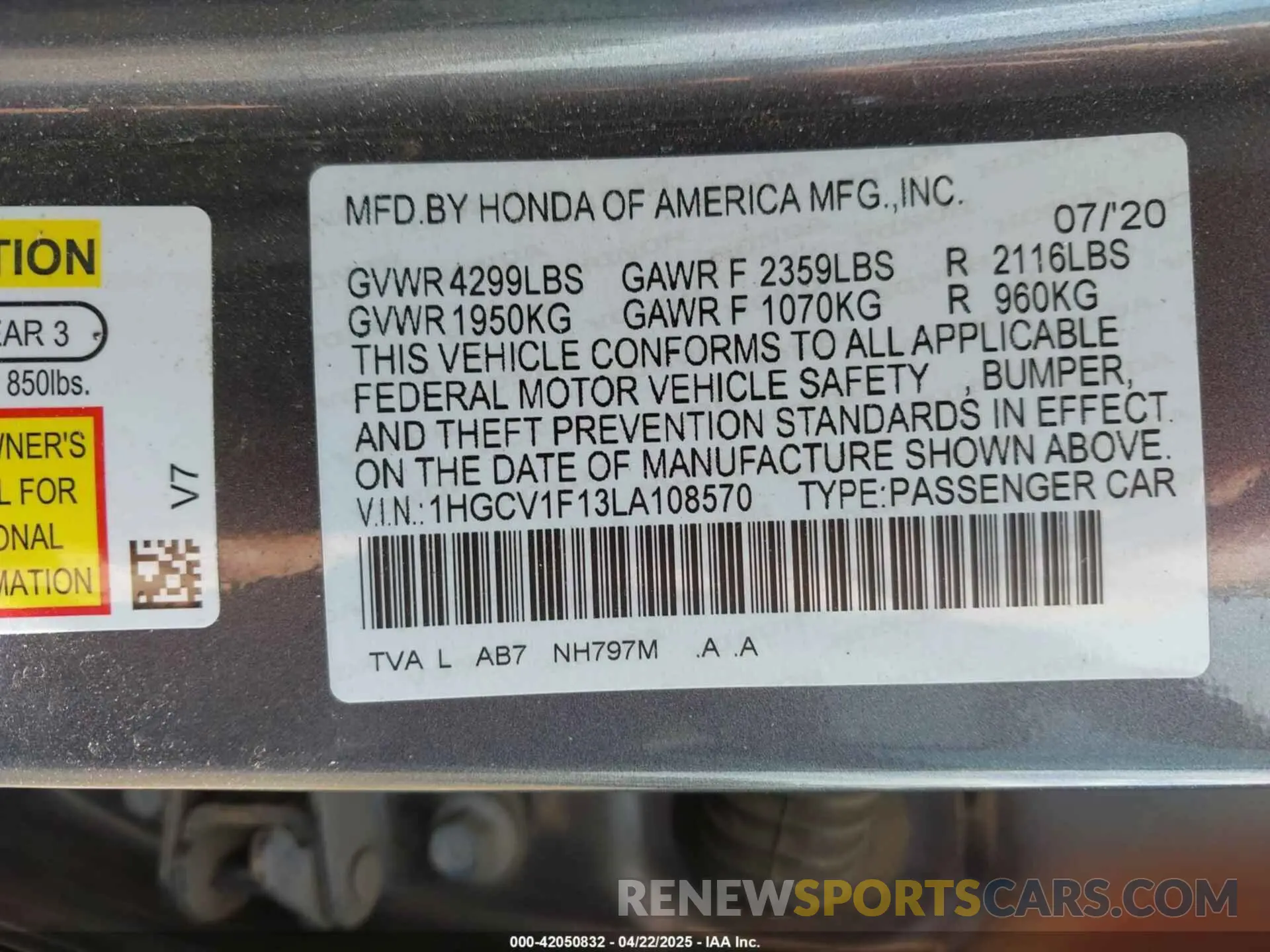 9 fotografías del automóvil dañado 1HGCV1F13LA108570 HONDA ACCORD 2020