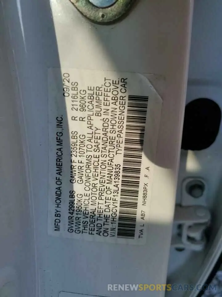 12 fotografías del automóvil dañado 1HGCV1F13LA139835 HONDA ACCORD 2020