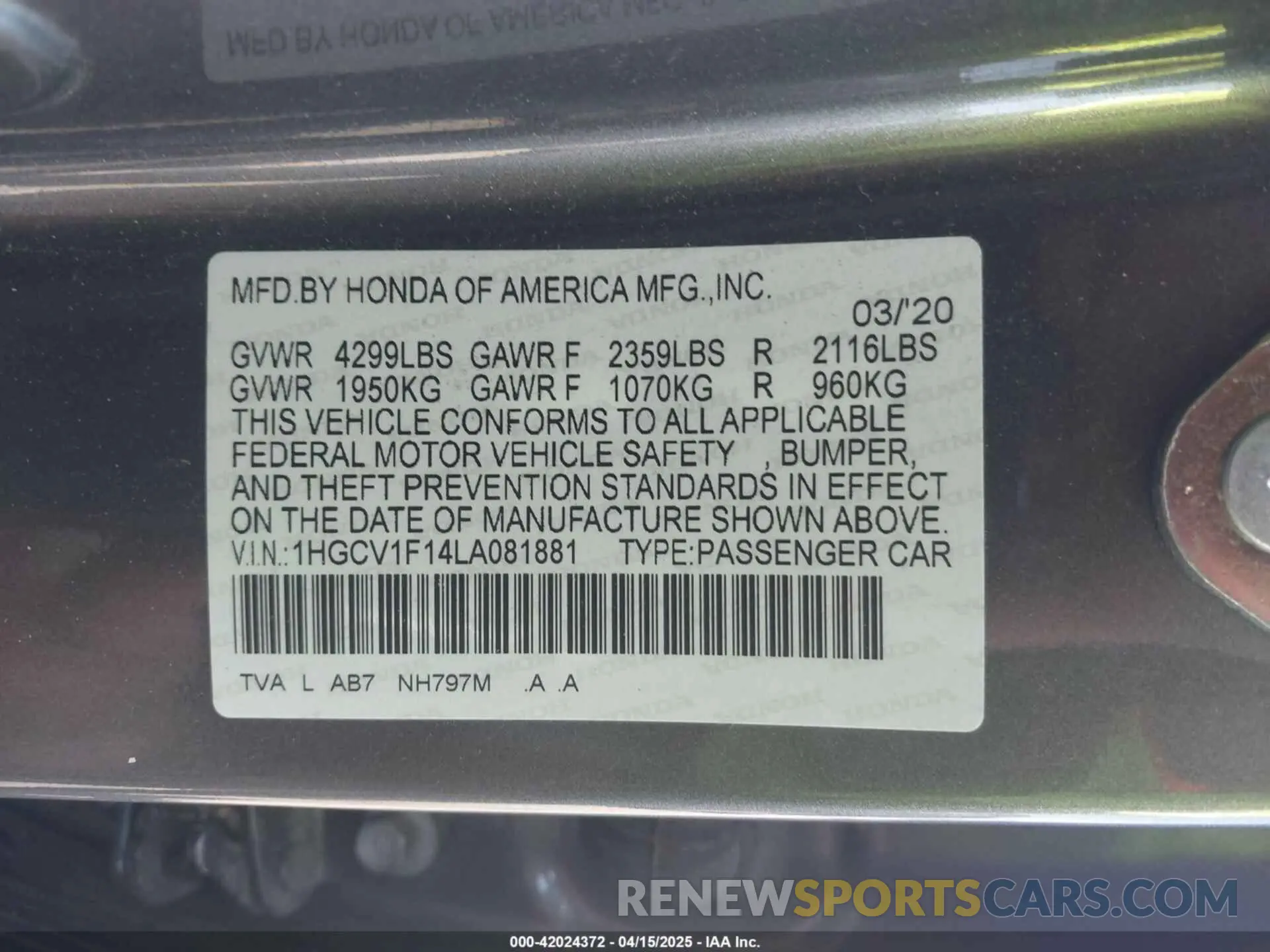 9 fotografías del automóvil dañado 1HGCV1F14LA081881 HONDA ACCORD 2020