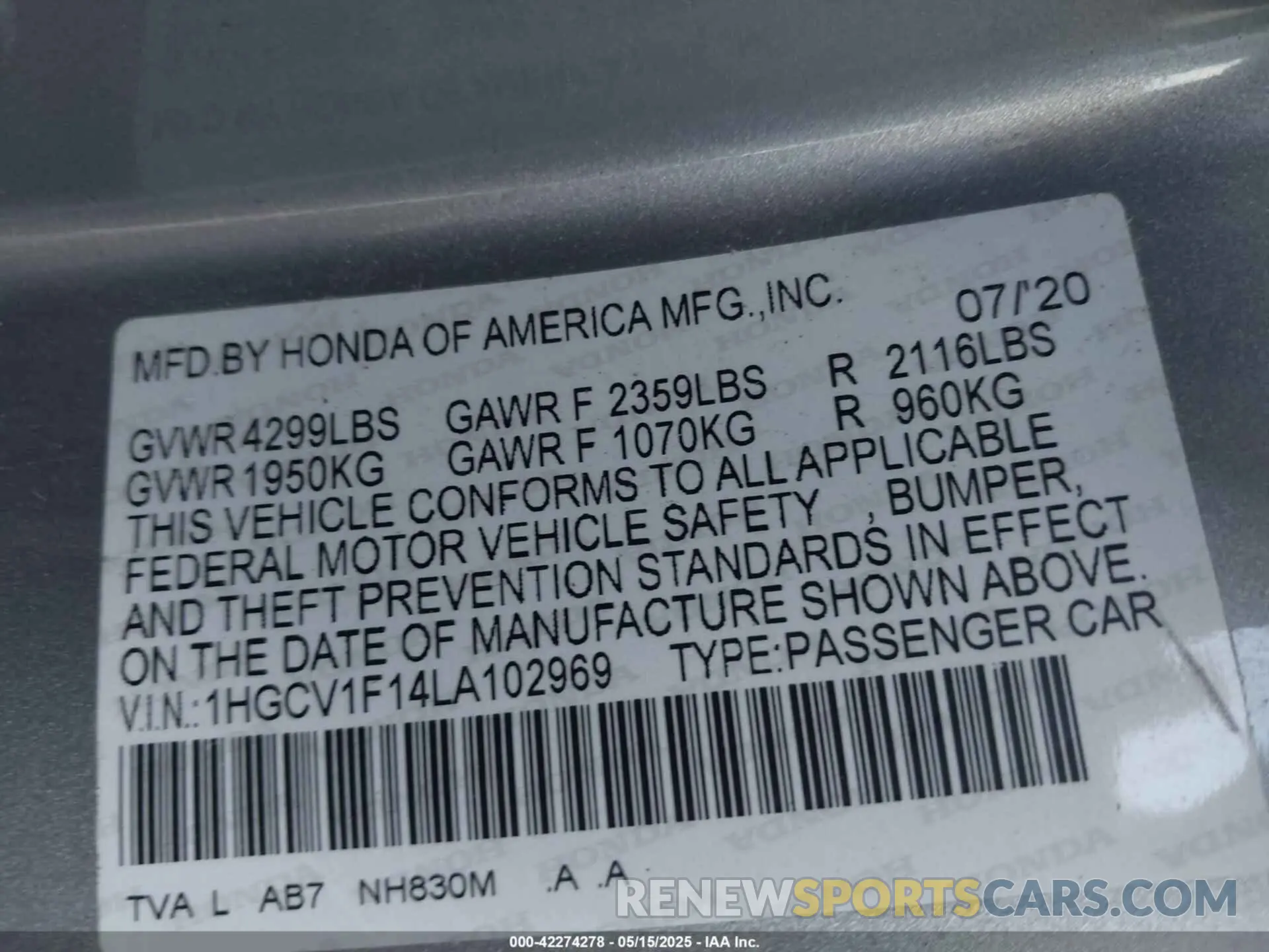 9 fotografías del automóvil dañado 1HGCV1F14LA102969 HONDA ACCORD 2020