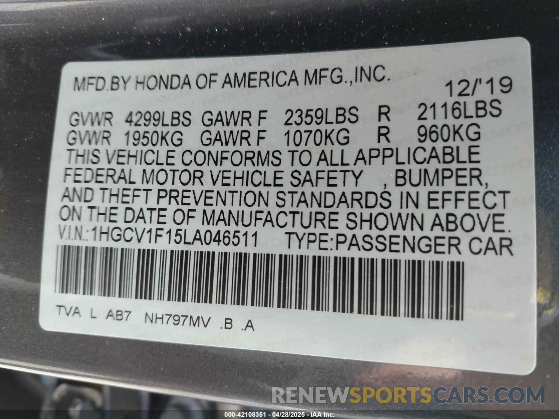 9 fotografías del automóvil dañado 1HGCV1F15LA046511 HONDA ACCORD 2020