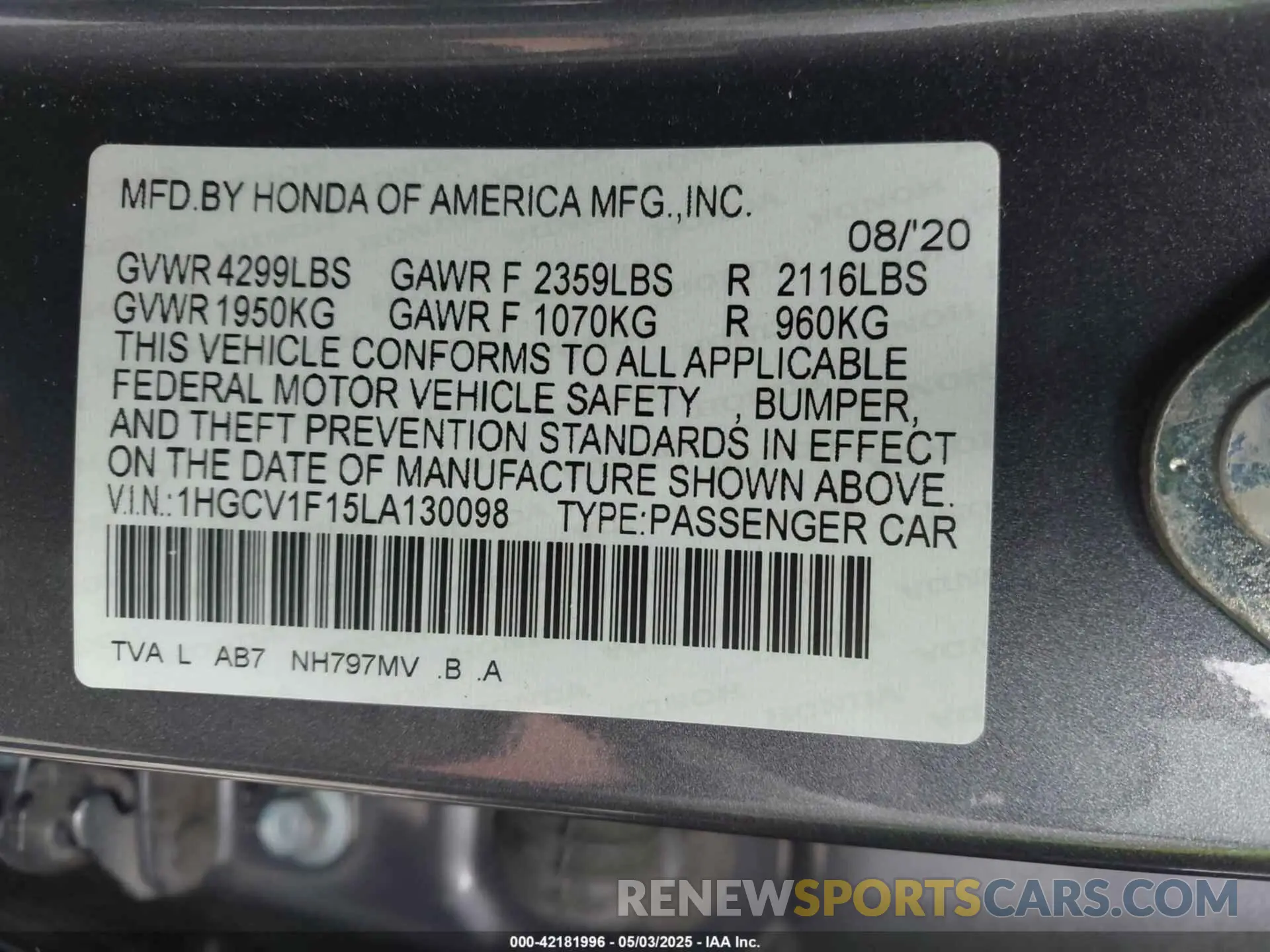 9 fotografías del automóvil dañado 1HGCV1F15LA130098 HONDA ACCORD 2020