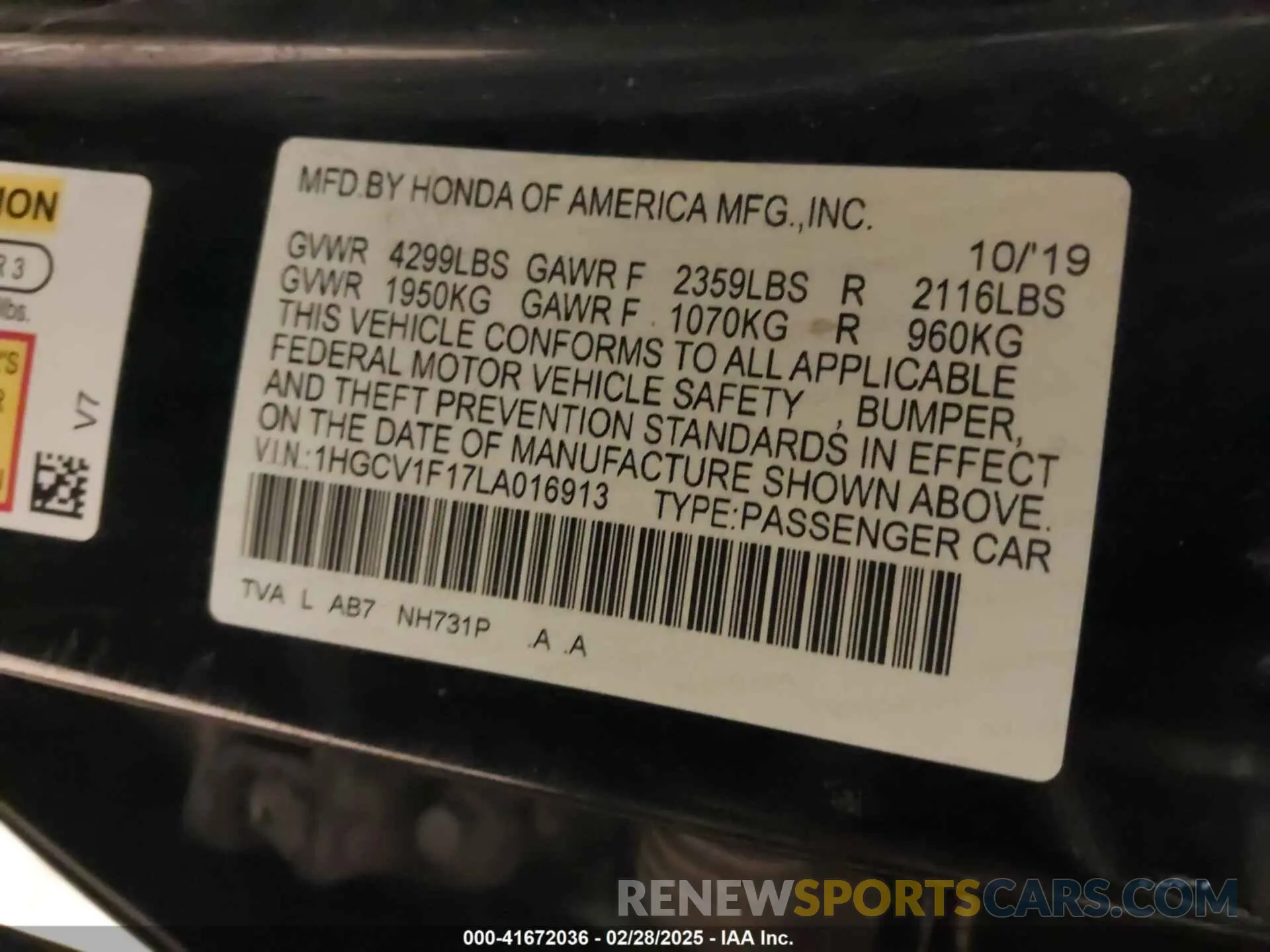 9 fotografías del automóvil dañado 1HGCV1F17LA016913 HONDA ACCORD 2020