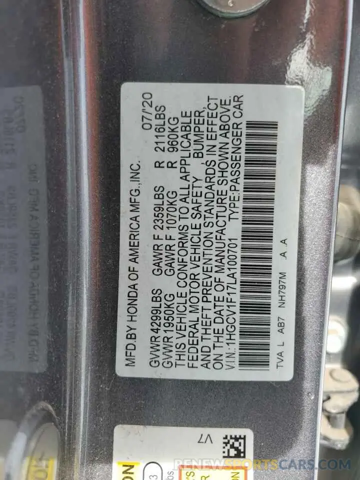 14 fotografías del automóvil dañado 1HGCV1F17LA100701 HONDA ACCORD 2020