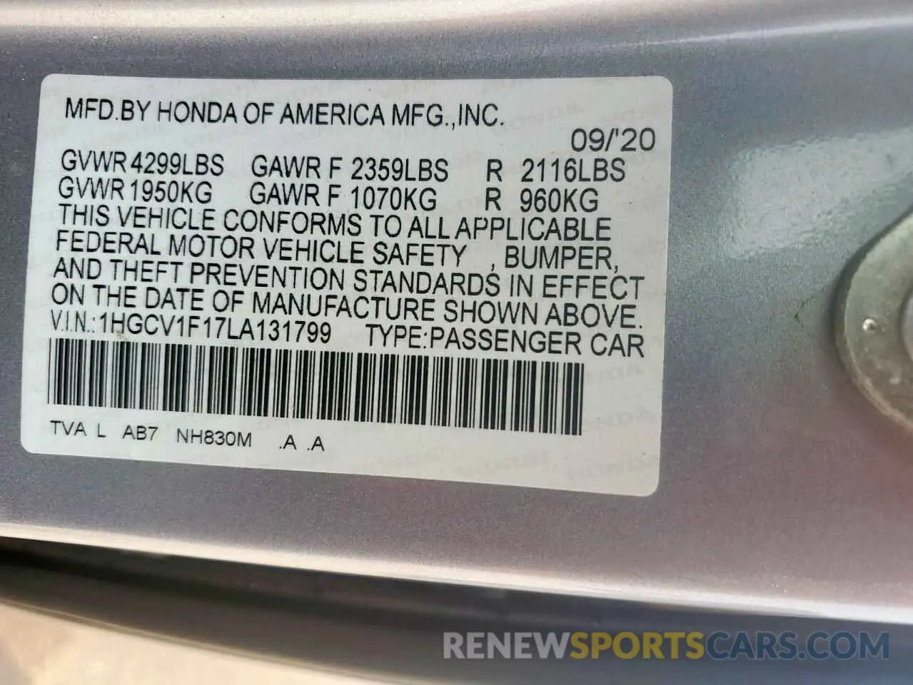 12 fotografías del automóvil dañado 1HGCV1F17LA131799 HONDA ACCORD 2020