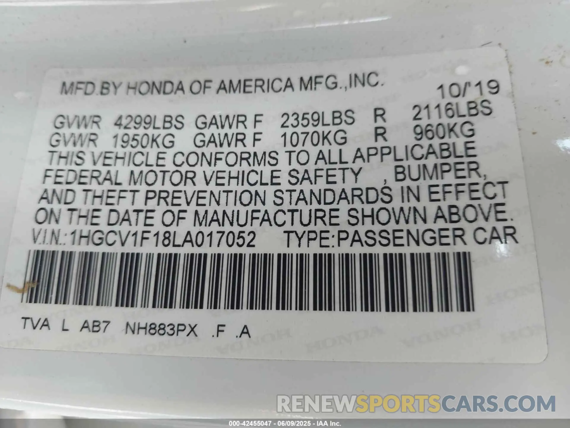 9 fotografías del automóvil dañado 1HGCV1F18LA017052 HONDA ACCORD 2020