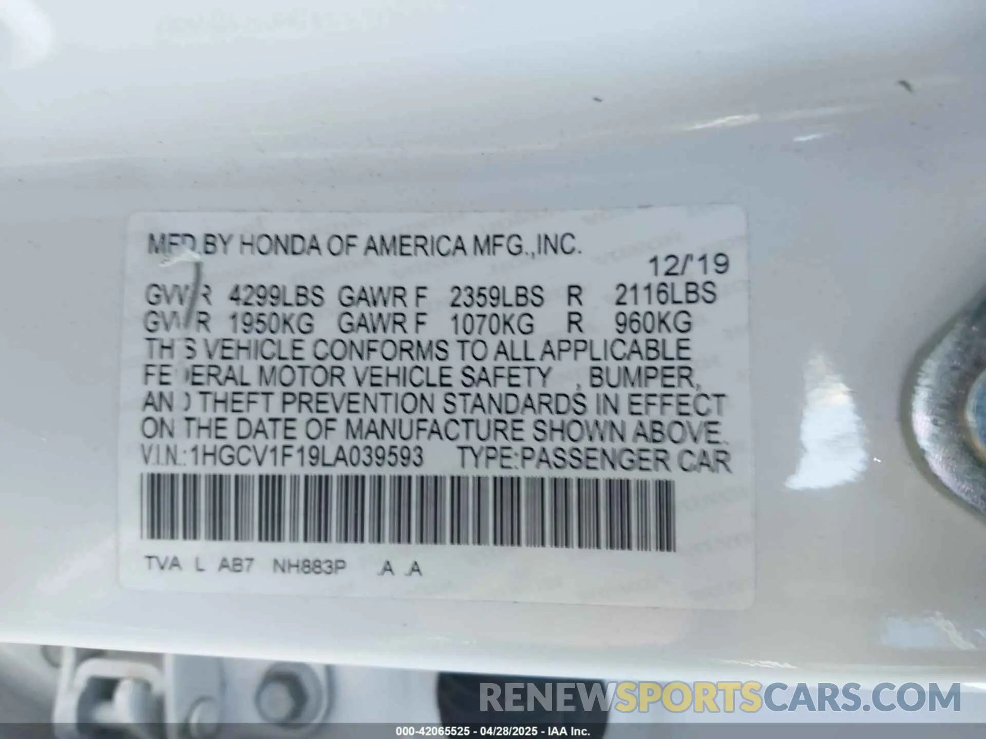 9 fotografías del automóvil dañado 1HGCV1F19LA039593 HONDA ACCORD 2020