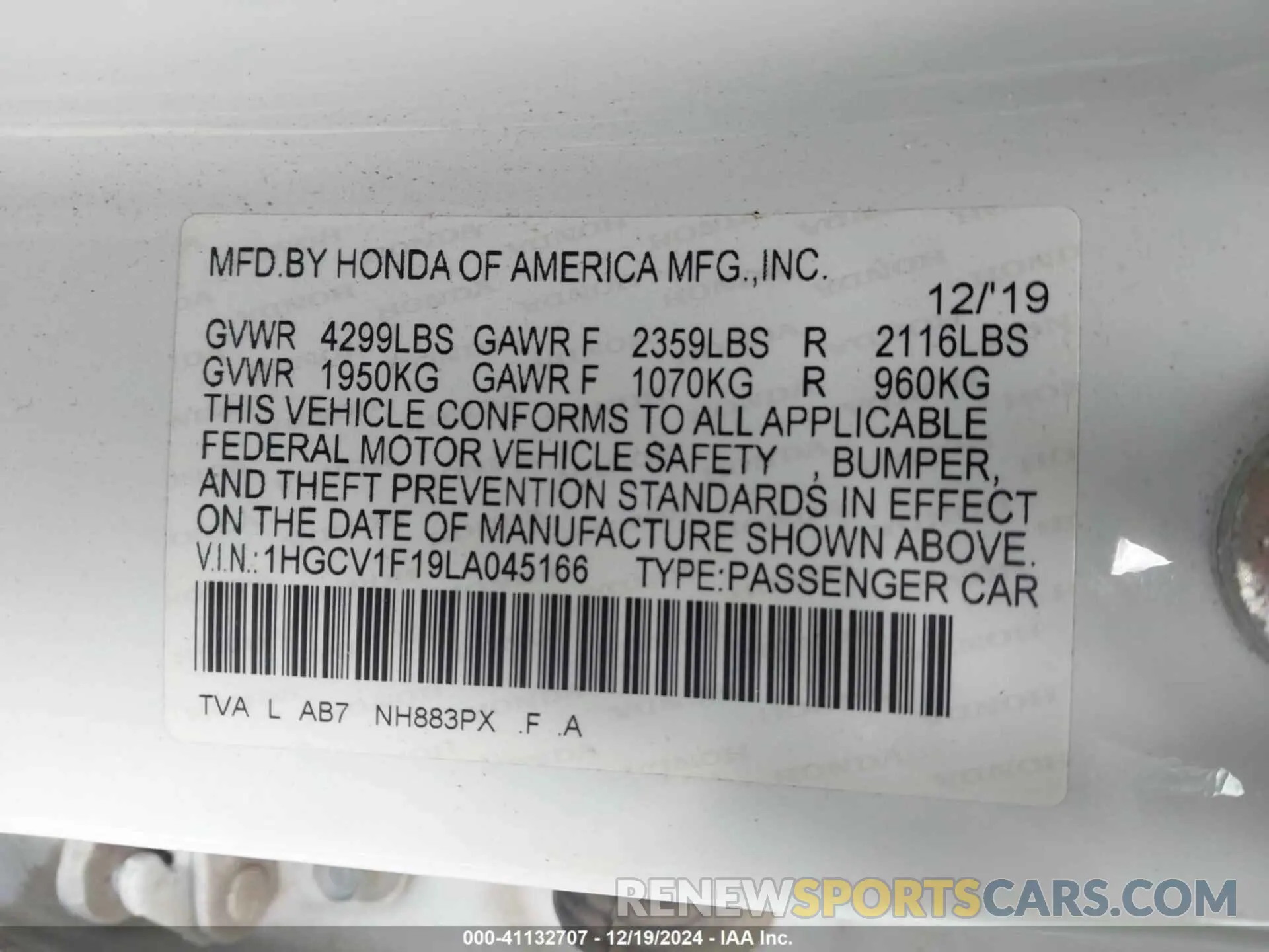 9 fotografías del automóvil dañado 1HGCV1F19LA045166 HONDA ACCORD 2020