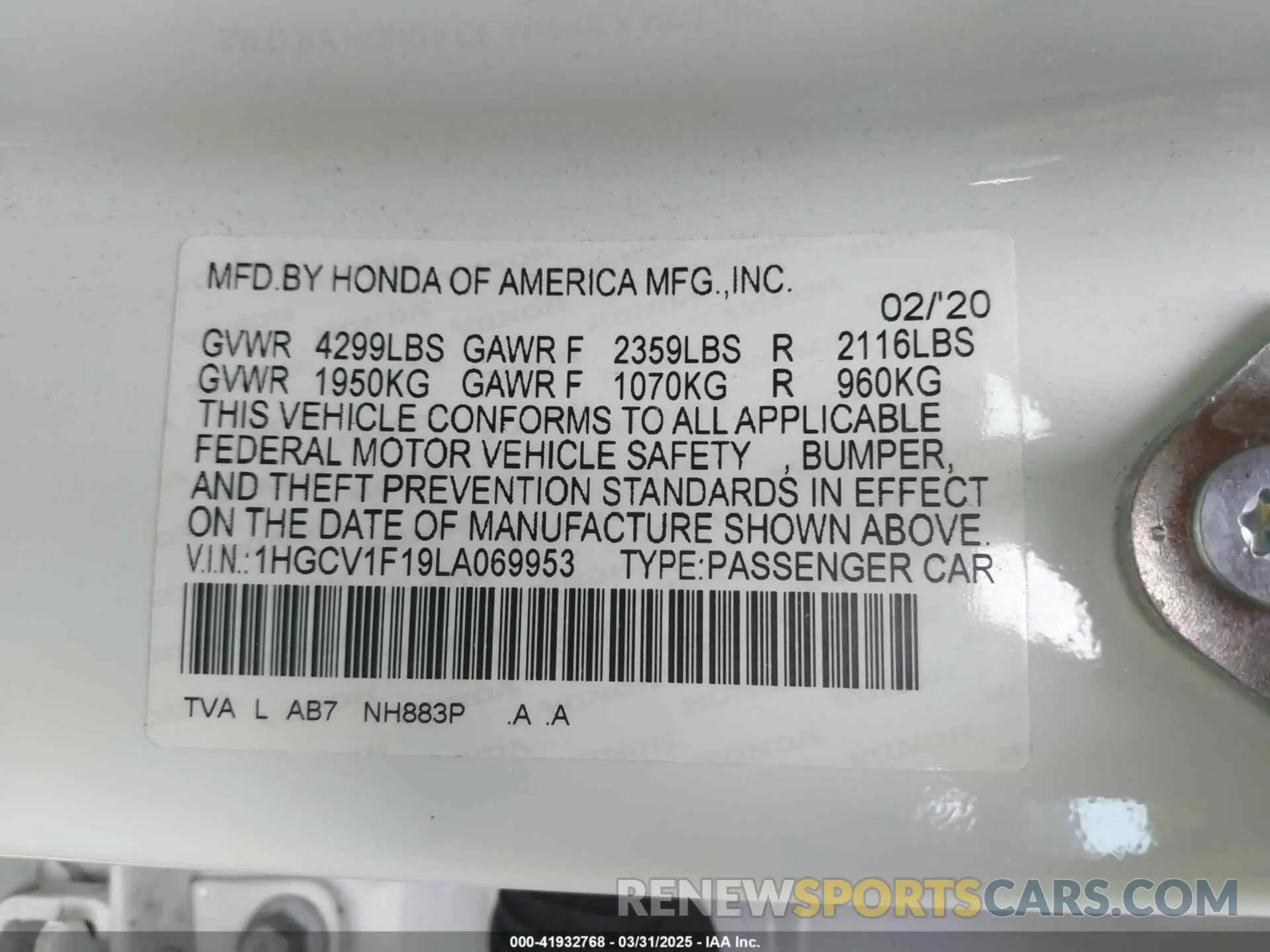 9 fotografías del automóvil dañado 1HGCV1F19LA069953 HONDA ACCORD 2020