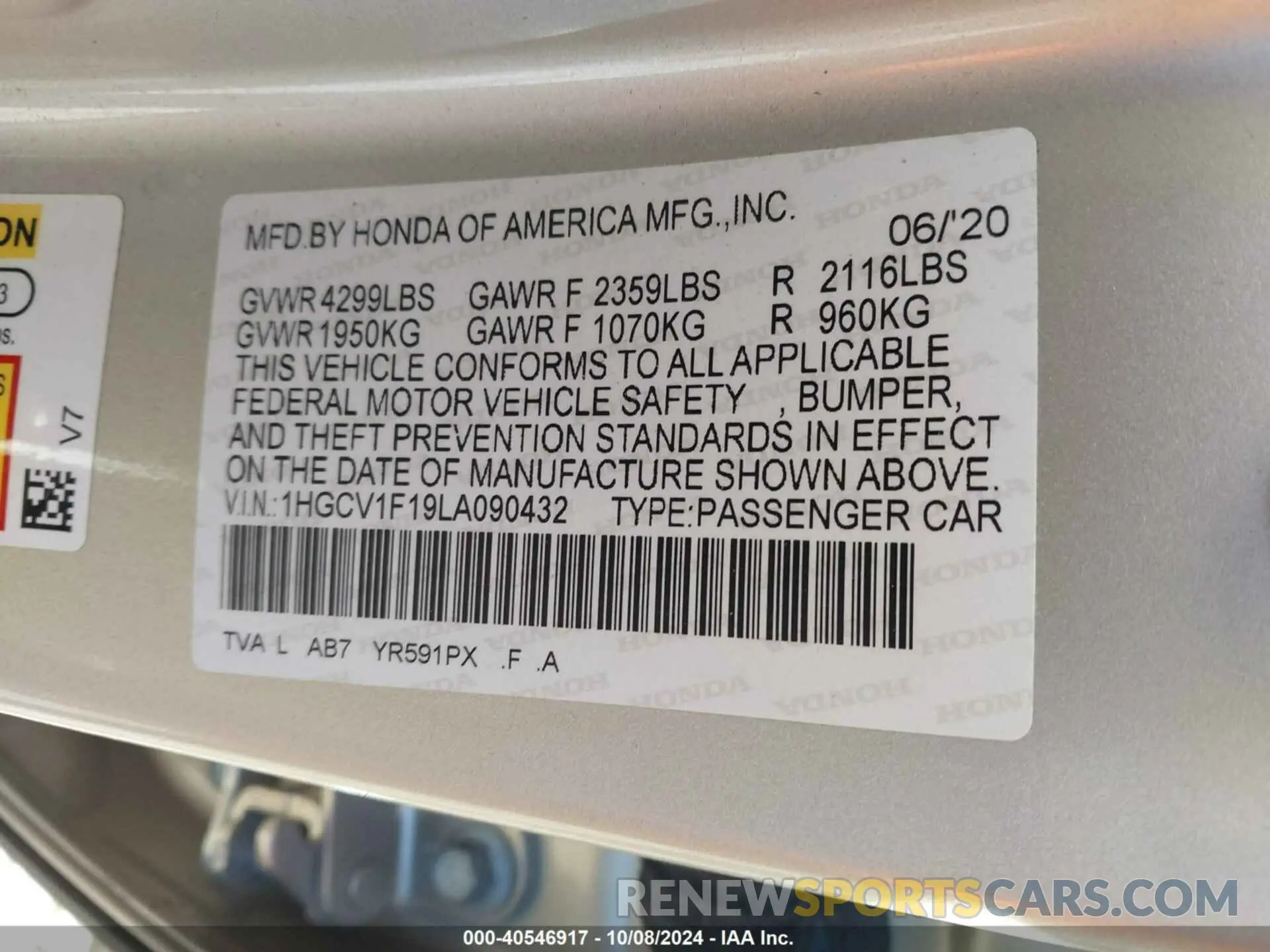 9 fotografías del automóvil dañado 1HGCV1F19LA090432 HONDA ACCORD 2020