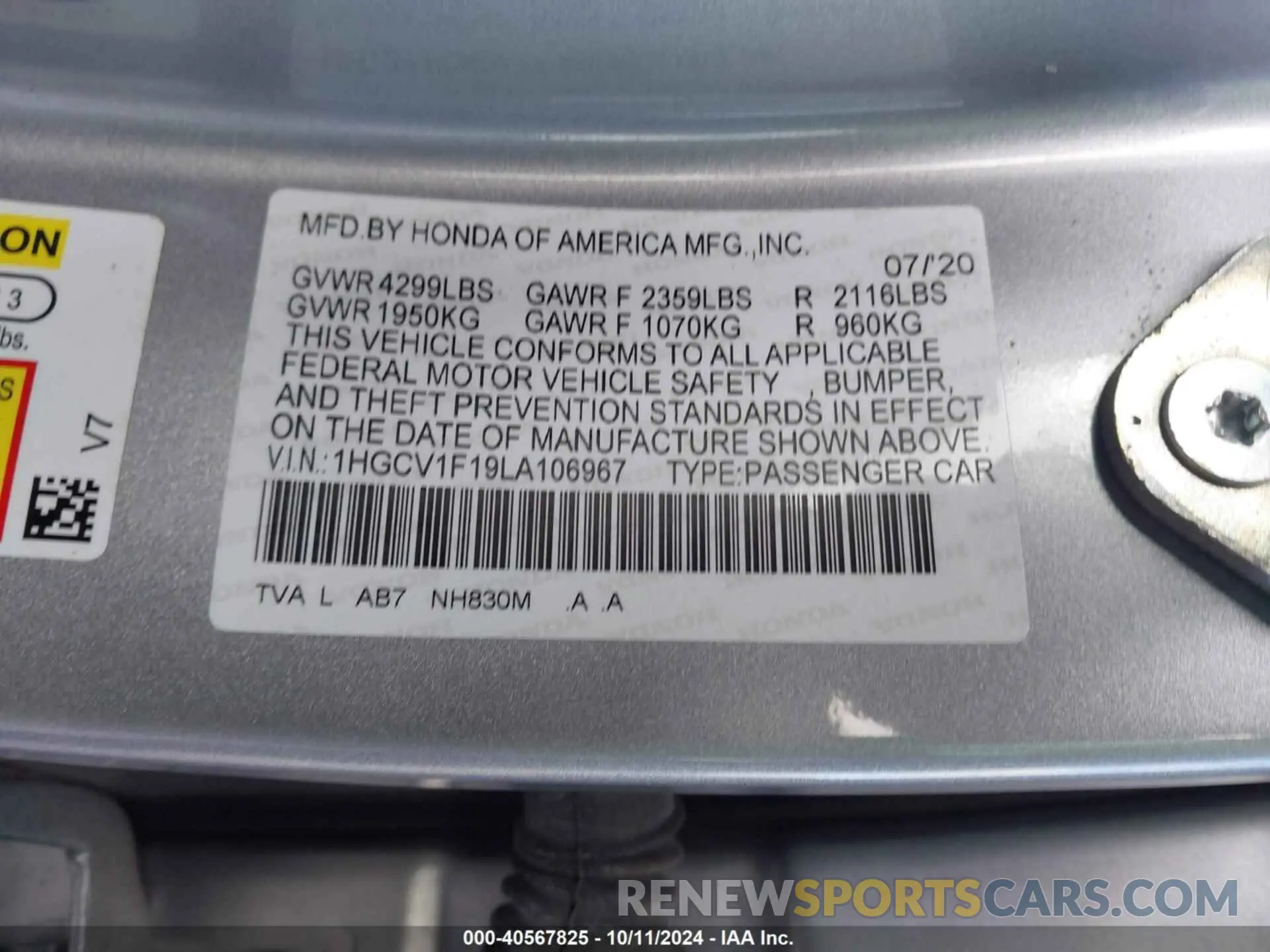 9 fotografías del automóvil dañado 1HGCV1F19LA106967 HONDA ACCORD 2020