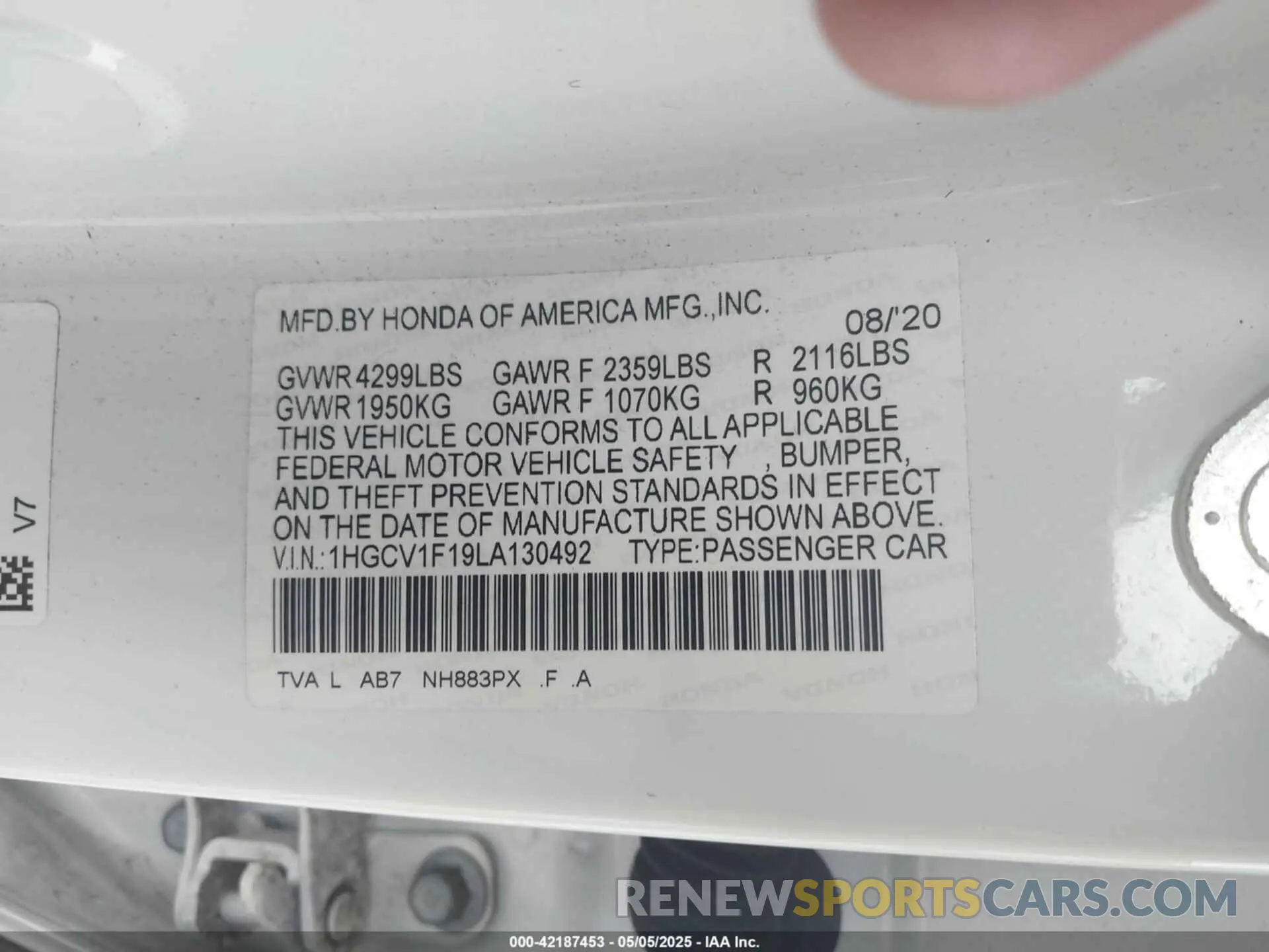 9 fotografías del automóvil dañado 1HGCV1F19LA130492 HONDA ACCORD 2020