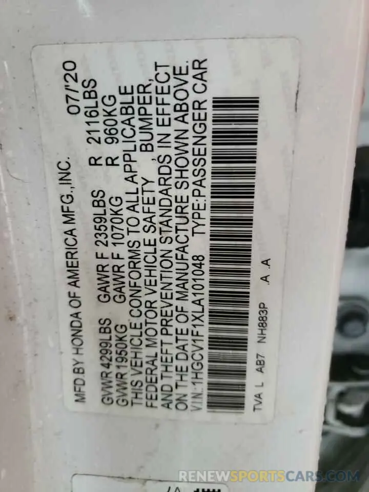 12 fotografías del automóvil dañado 1HGCV1F1XLA101048 HONDA ACCORD 2020