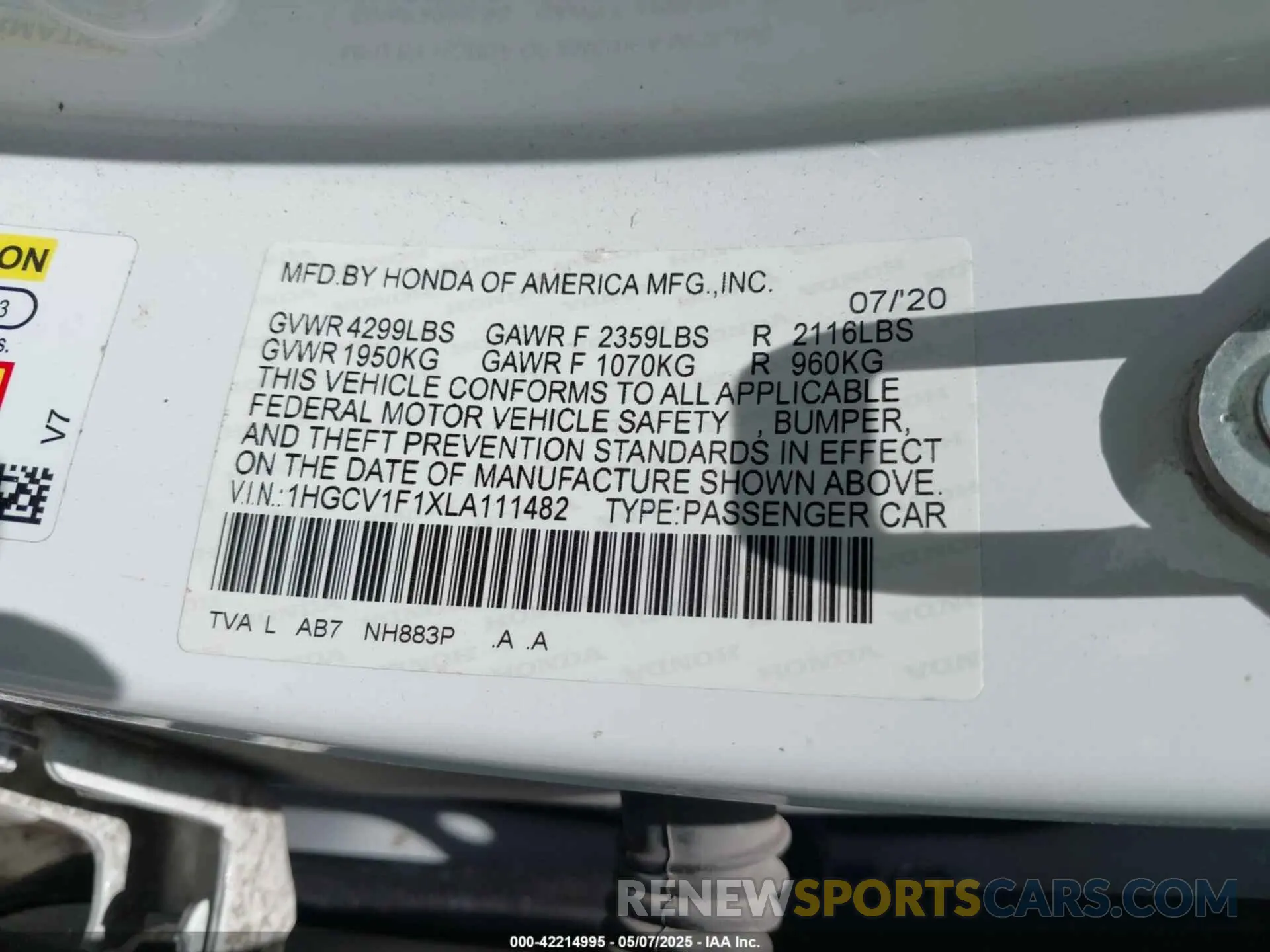 9 fotografías del automóvil dañado 1HGCV1F1XLA111482 HONDA ACCORD 2020