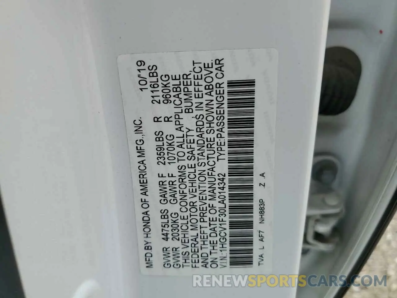 13 fotografías del automóvil dañado 1HGCV1F30LA014342 HONDA ACCORD 2020