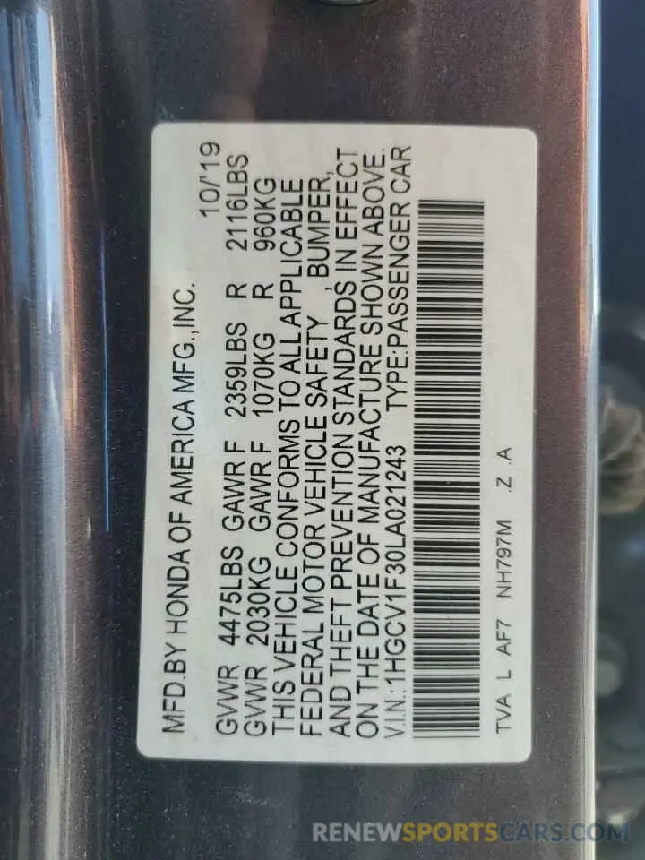 13 fotografías del automóvil dañado 1HGCV1F30LA021243 HONDA ACCORD 2020