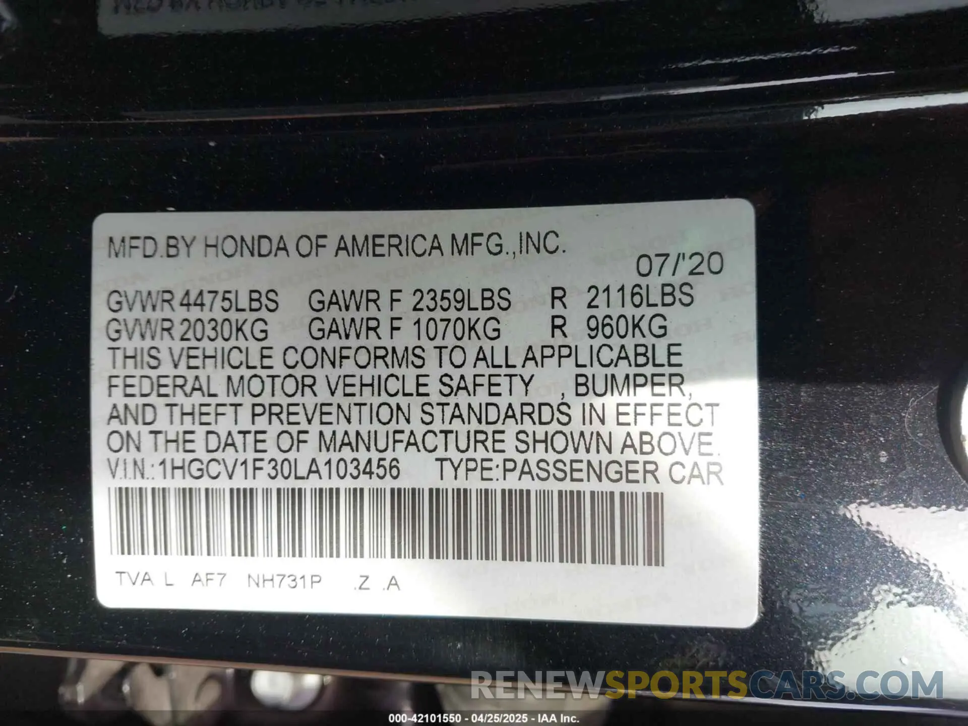 9 fotografías del automóvil dañado 1HGCV1F30LA103456 HONDA ACCORD 2020