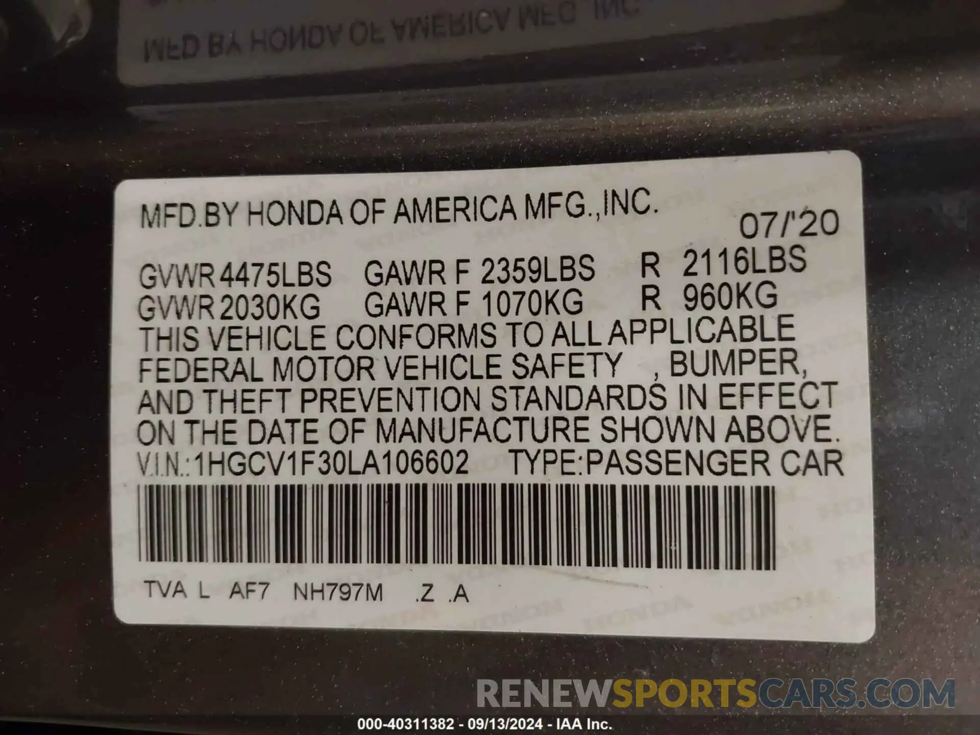 9 fotografías del automóvil dañado 1HGCV1F30LA106602 HONDA ACCORD 2020