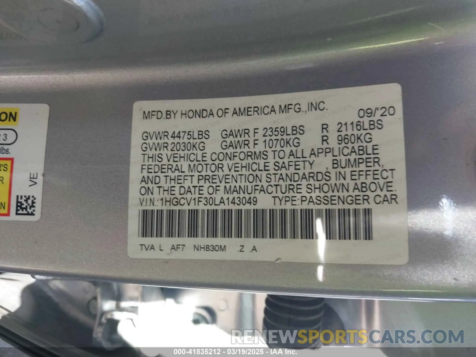 9 fotografías del automóvil dañado 1HGCV1F30LA143049 HONDA ACCORD 2020