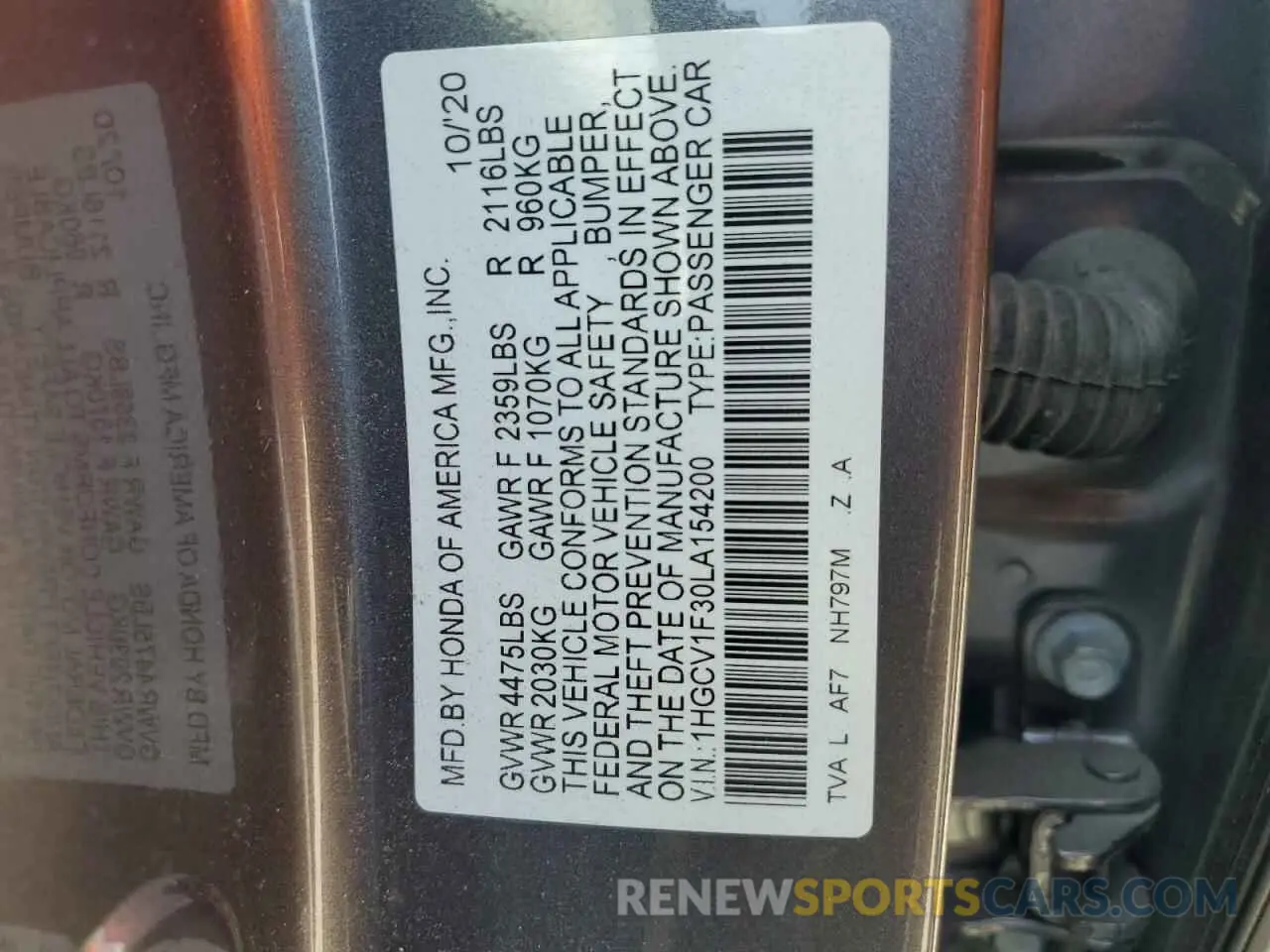 12 fotografías del automóvil dañado 1HGCV1F30LA154200 HONDA ACCORD 2020