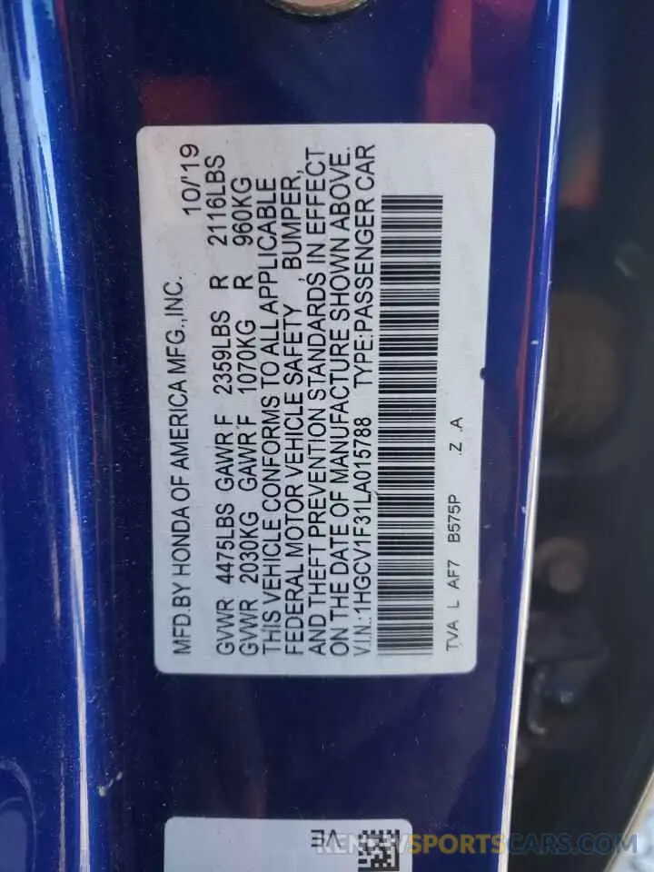 12 fotografías del automóvil dañado 1HGCV1F31LA015788 HONDA ACCORD 2020