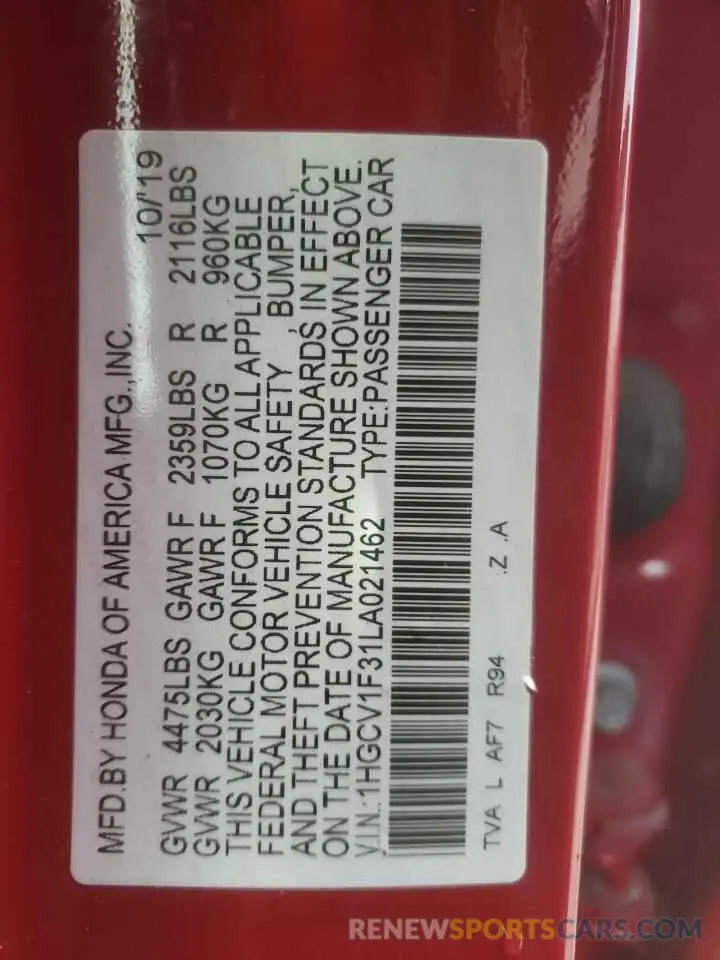12 fotografías del automóvil dañado 1HGCV1F31LA021462 HONDA ACCORD 2020