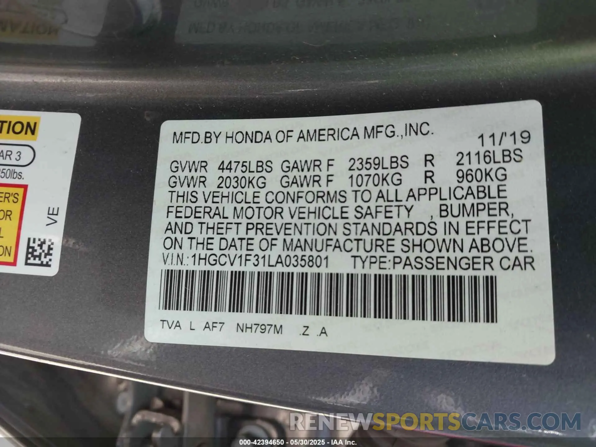 9 fotografías del automóvil dañado 1HGCV1F31LA035801 HONDA ACCORD 2020