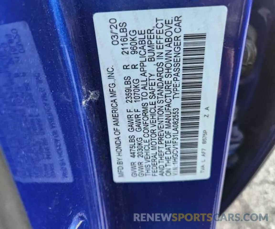 10 fotografías del automóvil dañado 1HGCV1F31LA082553 HONDA ACCORD 2020
