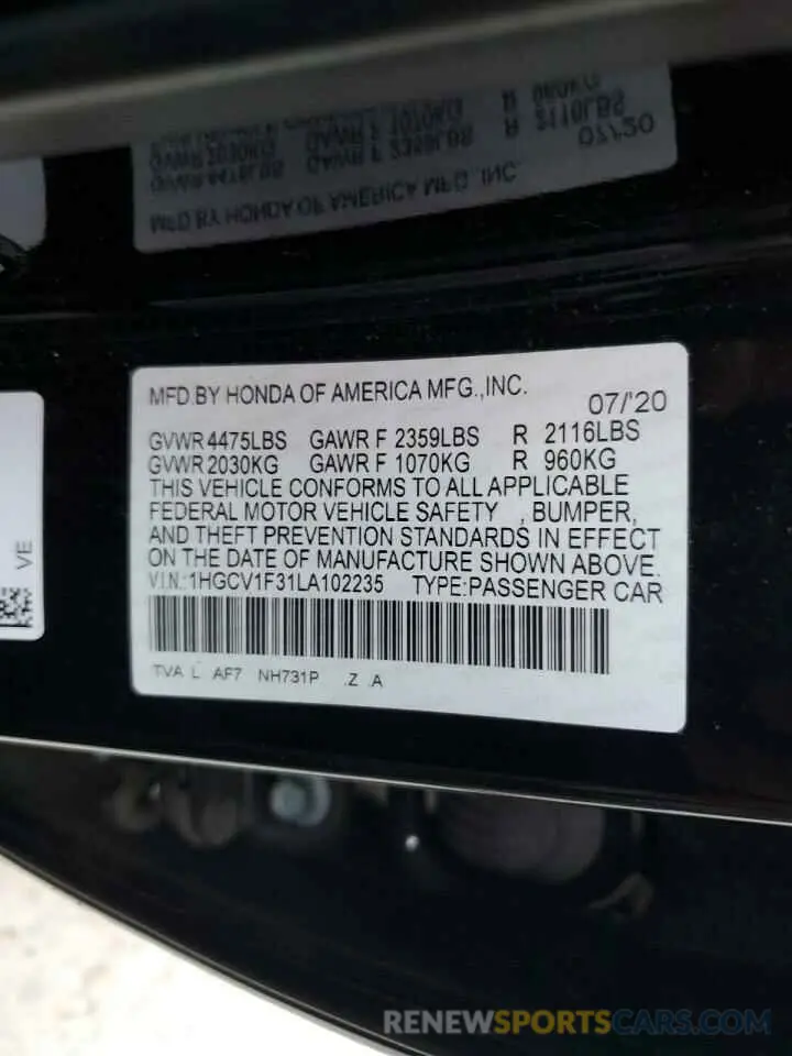 13 fotografías del automóvil dañado 1HGCV1F31LA102235 HONDA ACCORD 2020