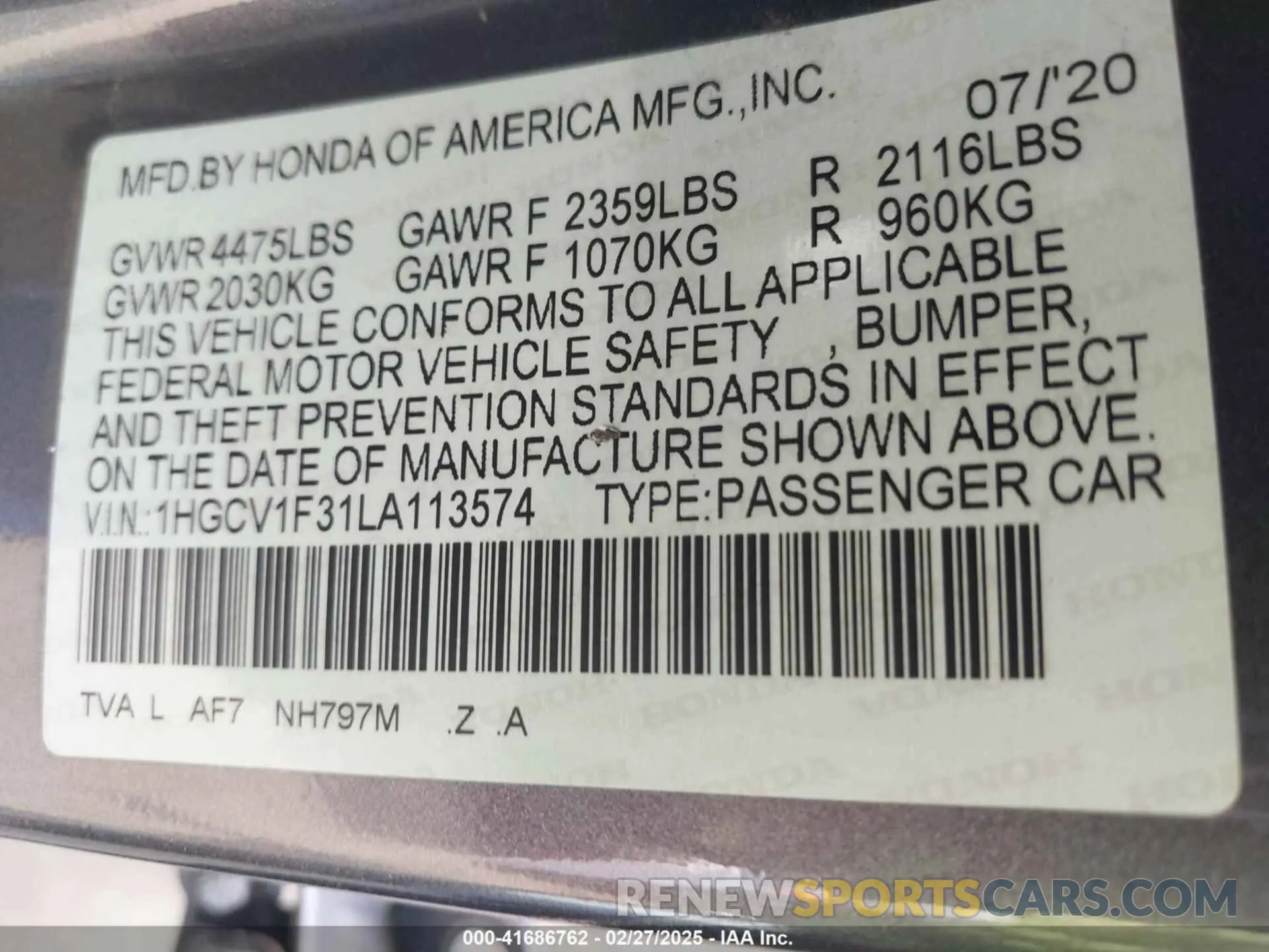 9 fotografías del automóvil dañado 1HGCV1F31LA113574 HONDA ACCORD 2020