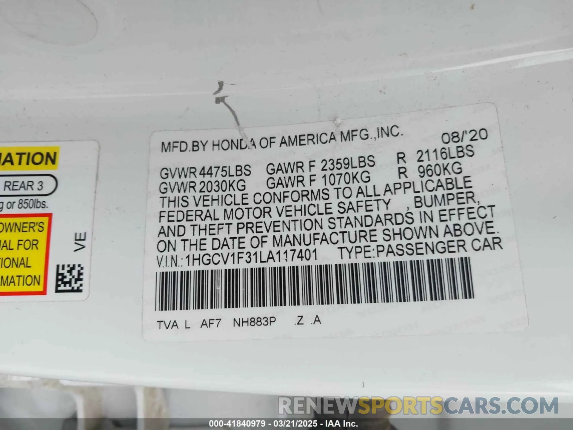 9 fotografías del automóvil dañado 1HGCV1F31LA117401 HONDA ACCORD 2020