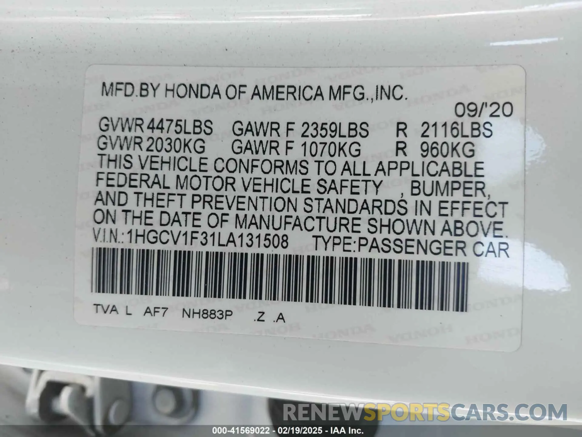 9 fotografías del automóvil dañado 1HGCV1F31LA131508 HONDA ACCORD 2020