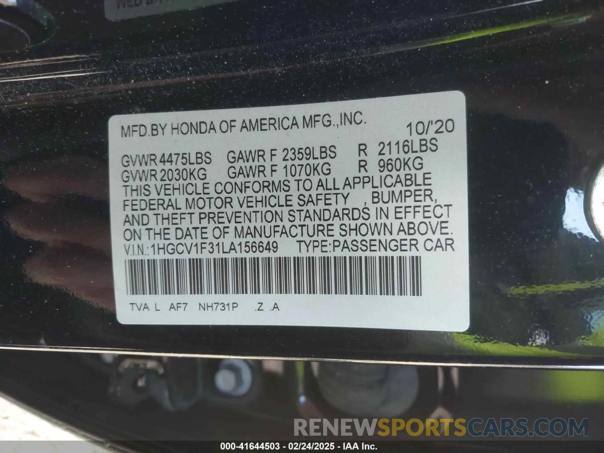 9 fotografías del automóvil dañado 1HGCV1F31LA156649 HONDA ACCORD 2020