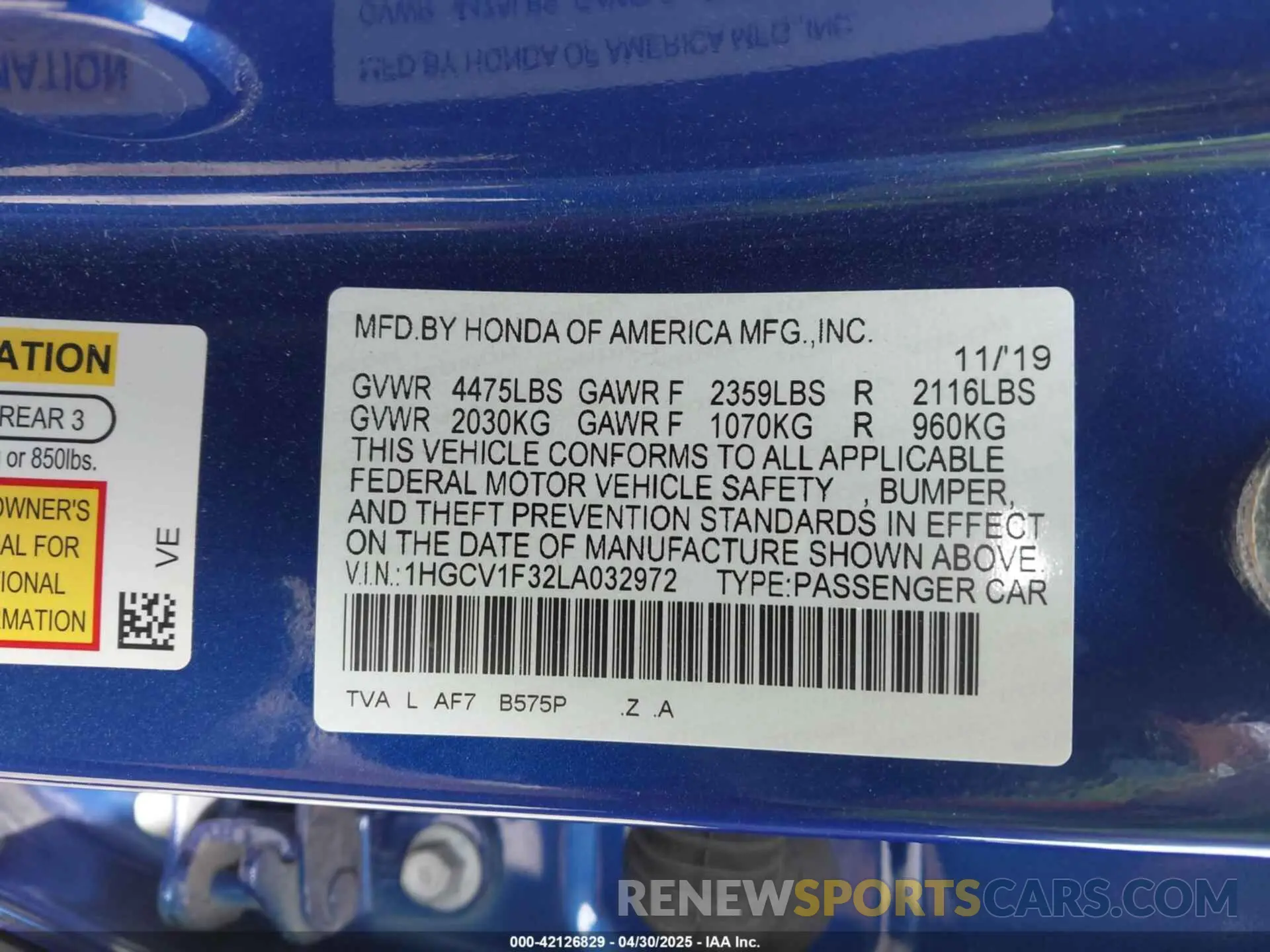9 fotografías del automóvil dañado 1HGCV1F32LA032972 HONDA ACCORD 2020