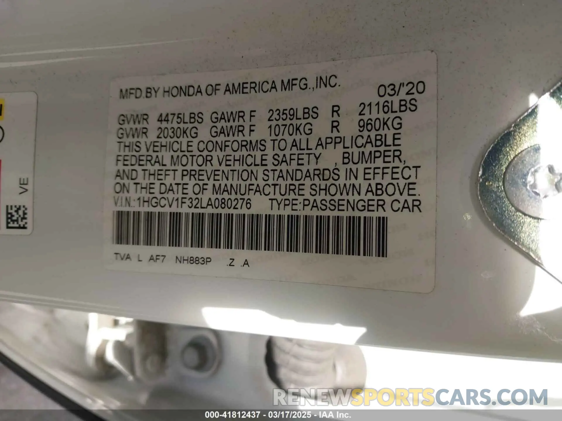 9 fotografías del automóvil dañado 1HGCV1F32LA080276 HONDA ACCORD 2020