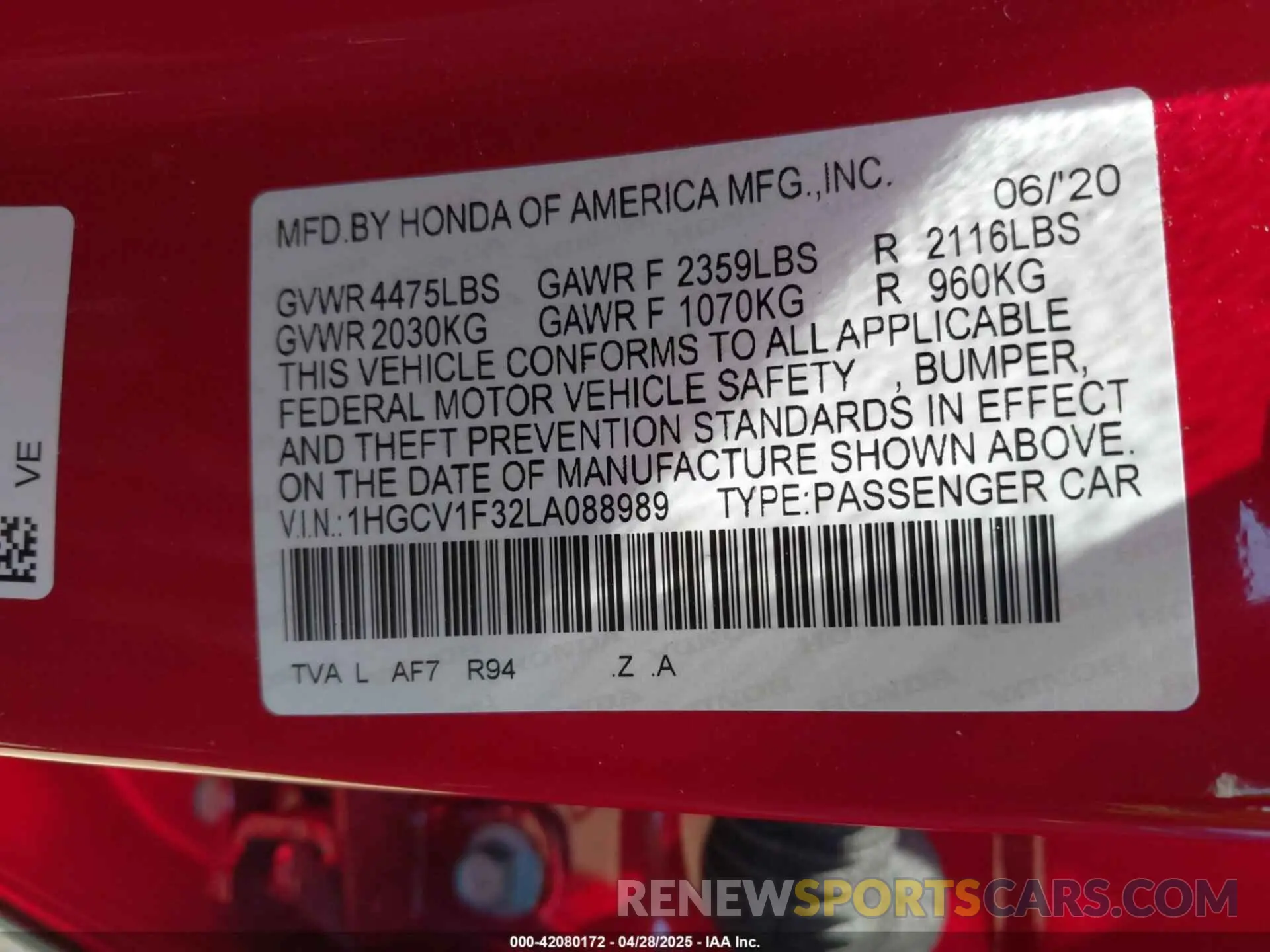 9 fotografías del automóvil dañado 1HGCV1F32LA088989 HONDA ACCORD 2020
