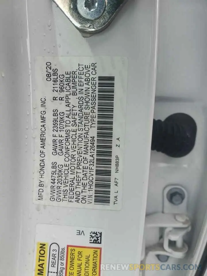 12 fotografías del automóvil dañado 1HGCV1F32LA126494 HONDA ACCORD 2020